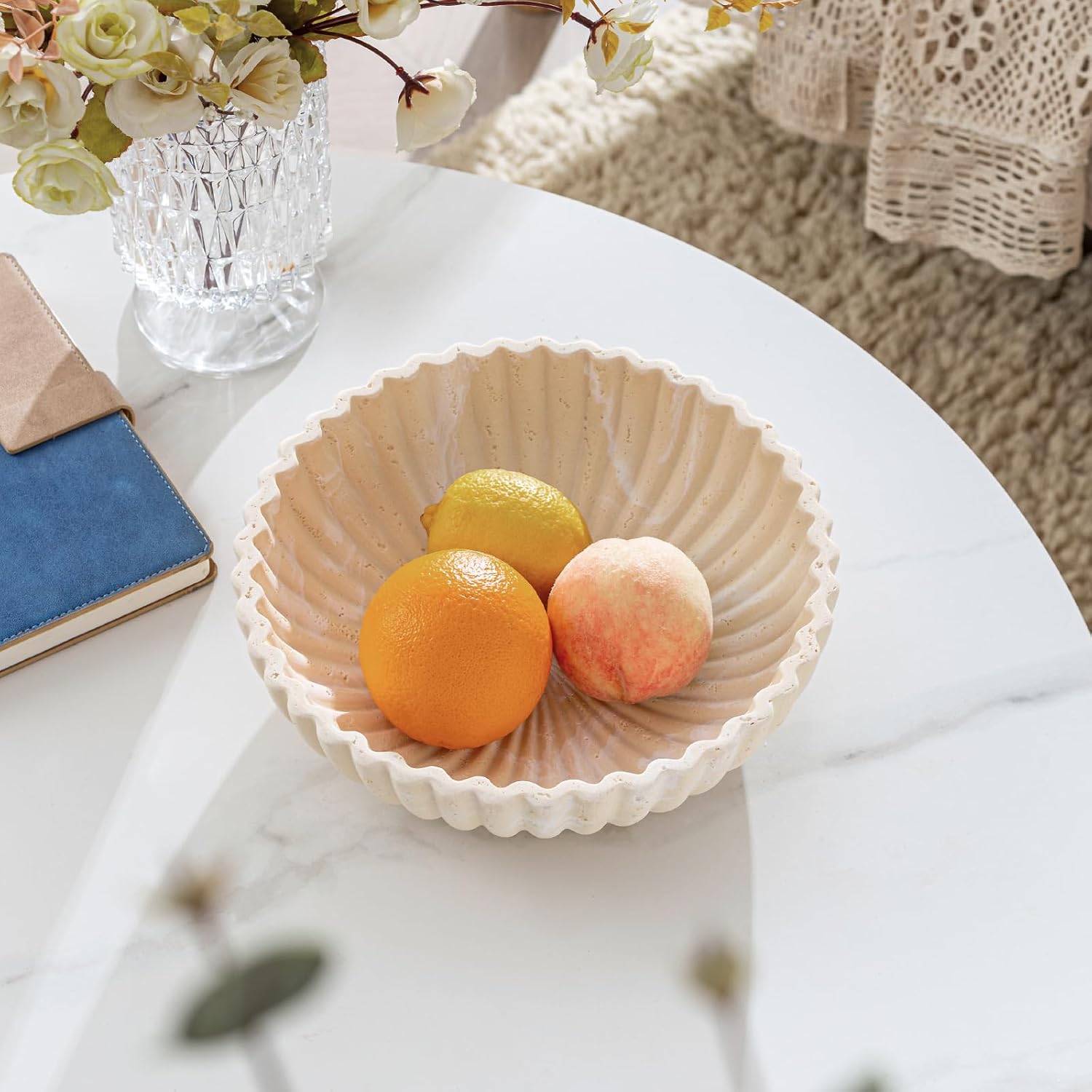 Large Decorative Fruit Bowl, Travertine Stone Look Yellow image 3