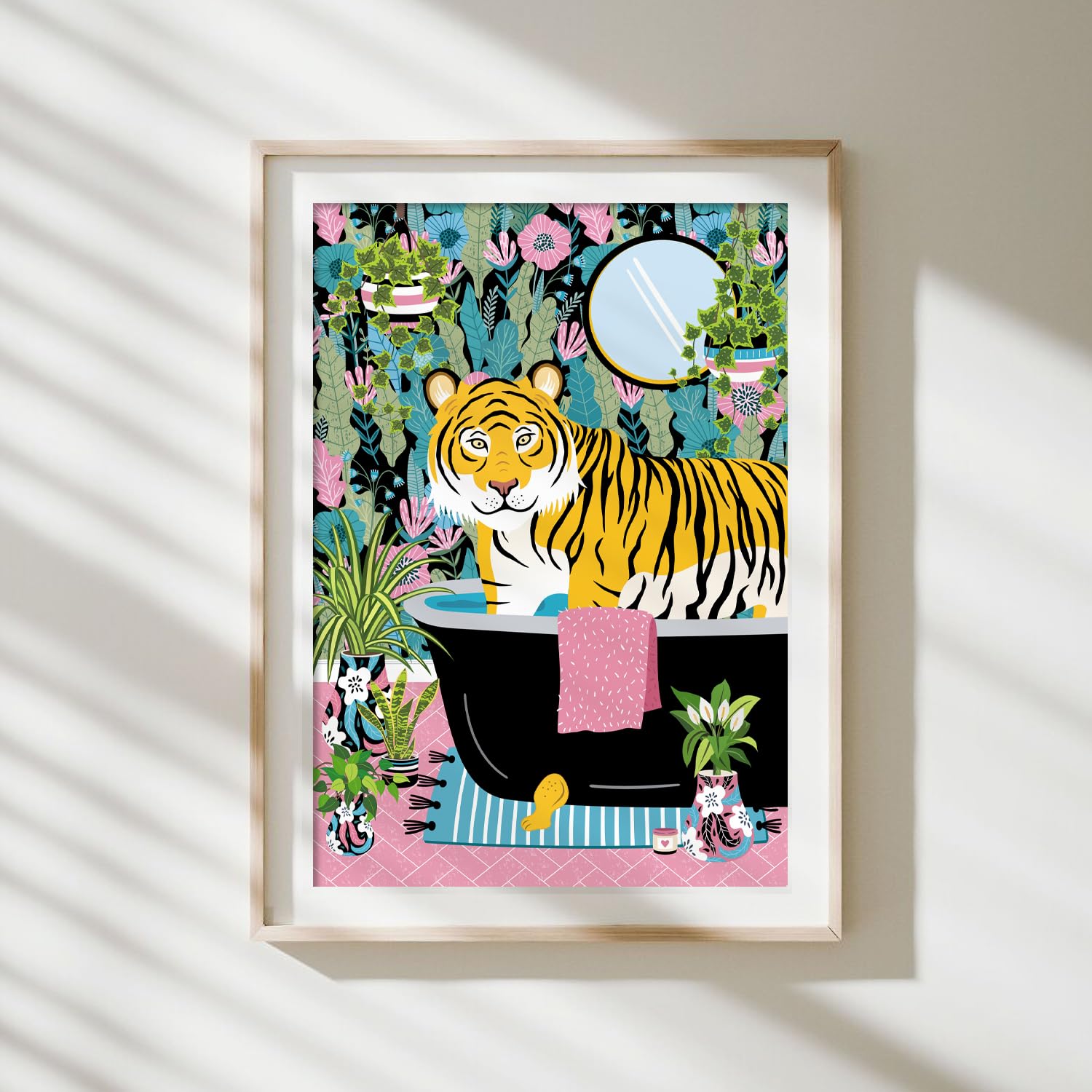 Parmaro Tiger in Bath A4 UNFRAMED Print, Animal on Toilet, Tropical Bathroom Decor, Pink Black Yellow, 29.7L x 21W cm - Image 2