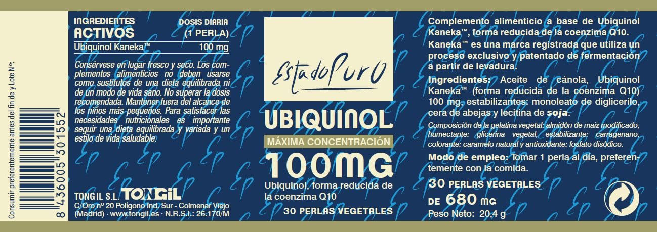 Ubiquinol 100mg, Coenzima Q10, Estado Puro, 30 Perlas, de Kaneka | Máxima Absorción y Biodisponibilidad, Reducida y Fermentada, Antioxidante Potente, Vegano y Libre de GMO