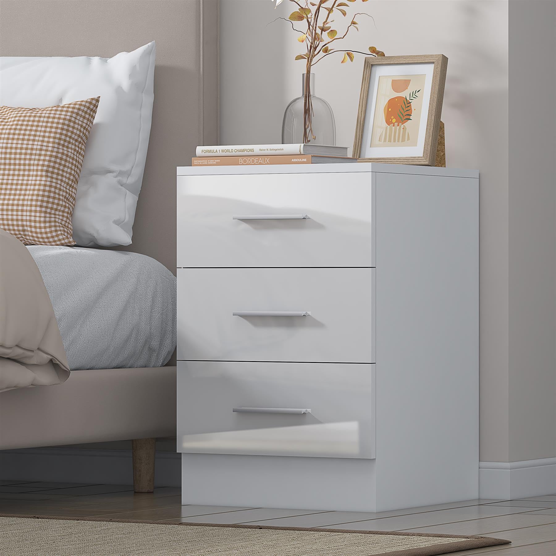 Reflect 3 Drawer Bedside Table | White Gloss & Matt White | Modern Nightstand for Bedroom Storage | H: 59.5cm x W: 39.5cm x D: 38cm