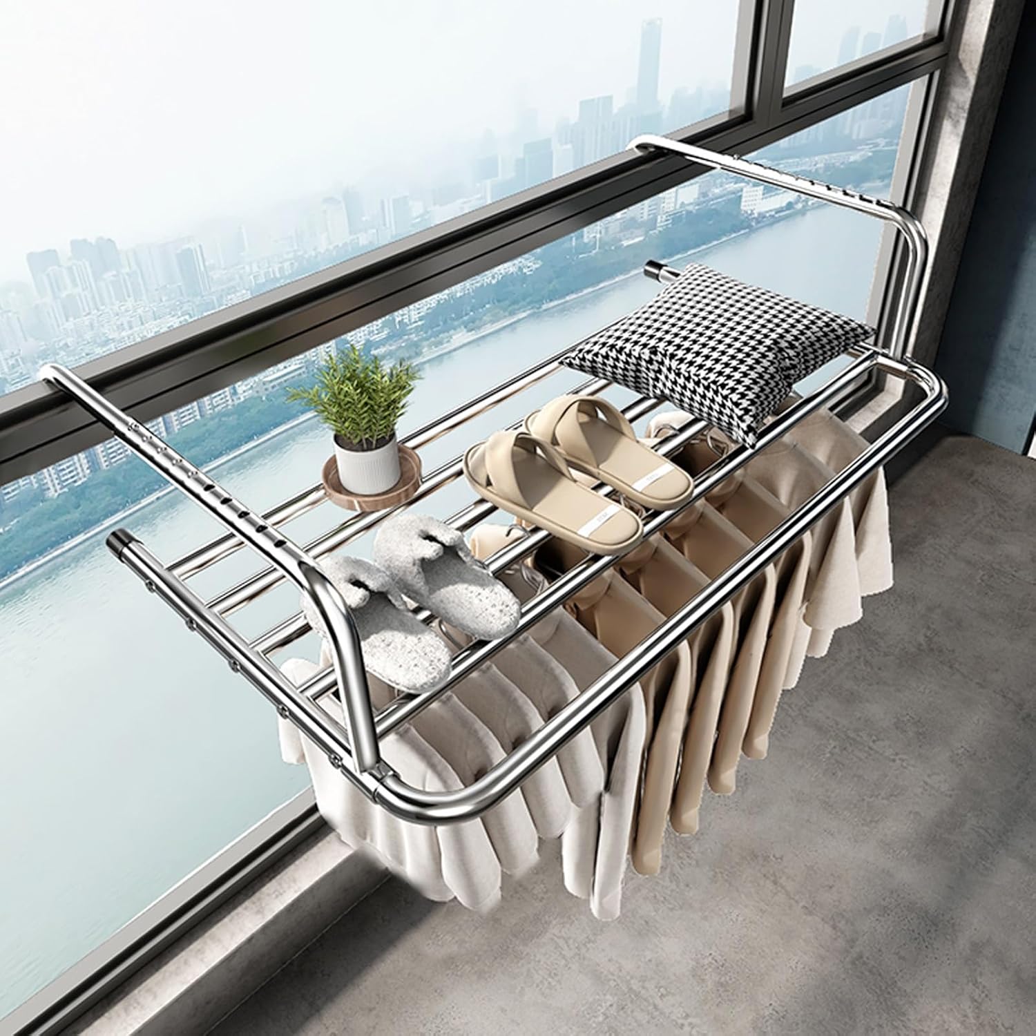 Stainless Steel Retractable Laundry Rack, Foldable Clothes Airer with Adjustable Arms for Drying Clothes on Balcony Railing or Windowsill
