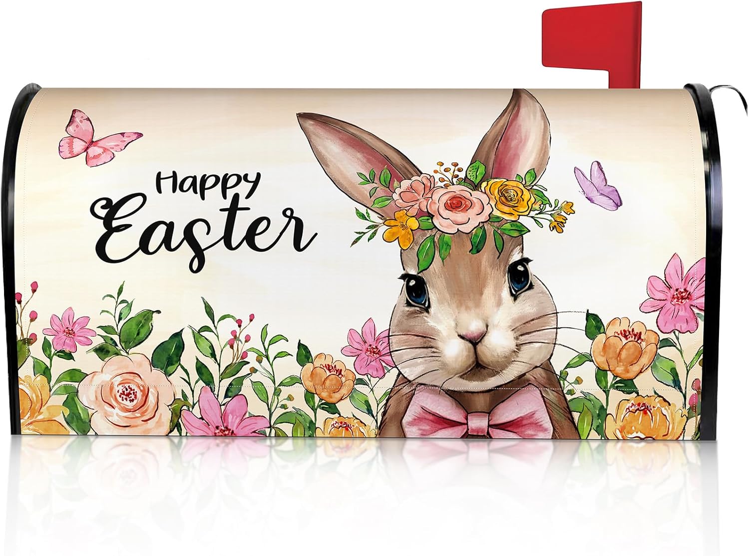 Saillong Happy Easter Mailbox Cover Magnetic Standard Size 21" x 18", Spring Easter Bunny Mailbox Cover with Cute Rabbit Flower and Butterfly Decor Post Letter Box Wrap for Home Outdoor Garden Yard