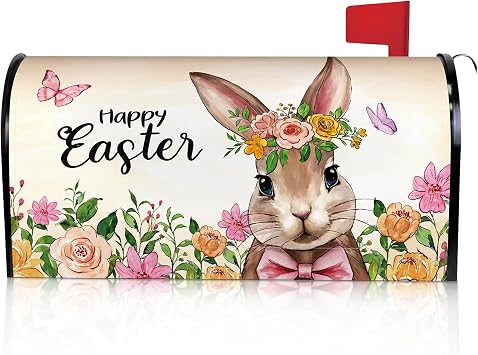 Saillong Happy Easter Mailbox Cover Magnetic Standard Size 21" x 18", Spring Easter Bunny Mailbox Cover with Cute Rabbit Flower and Butterfly Decor Post Letter Box Wrap for Home Outdoor Garden Yard