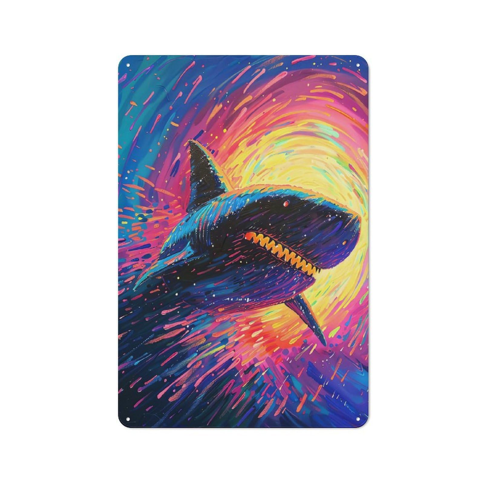 Junmoney Shark In Neon Galaxy 30X20cm Rustic Metal Plaque With For Café Or Restaurant, For Themed Interiors In Cafés And Restaurants