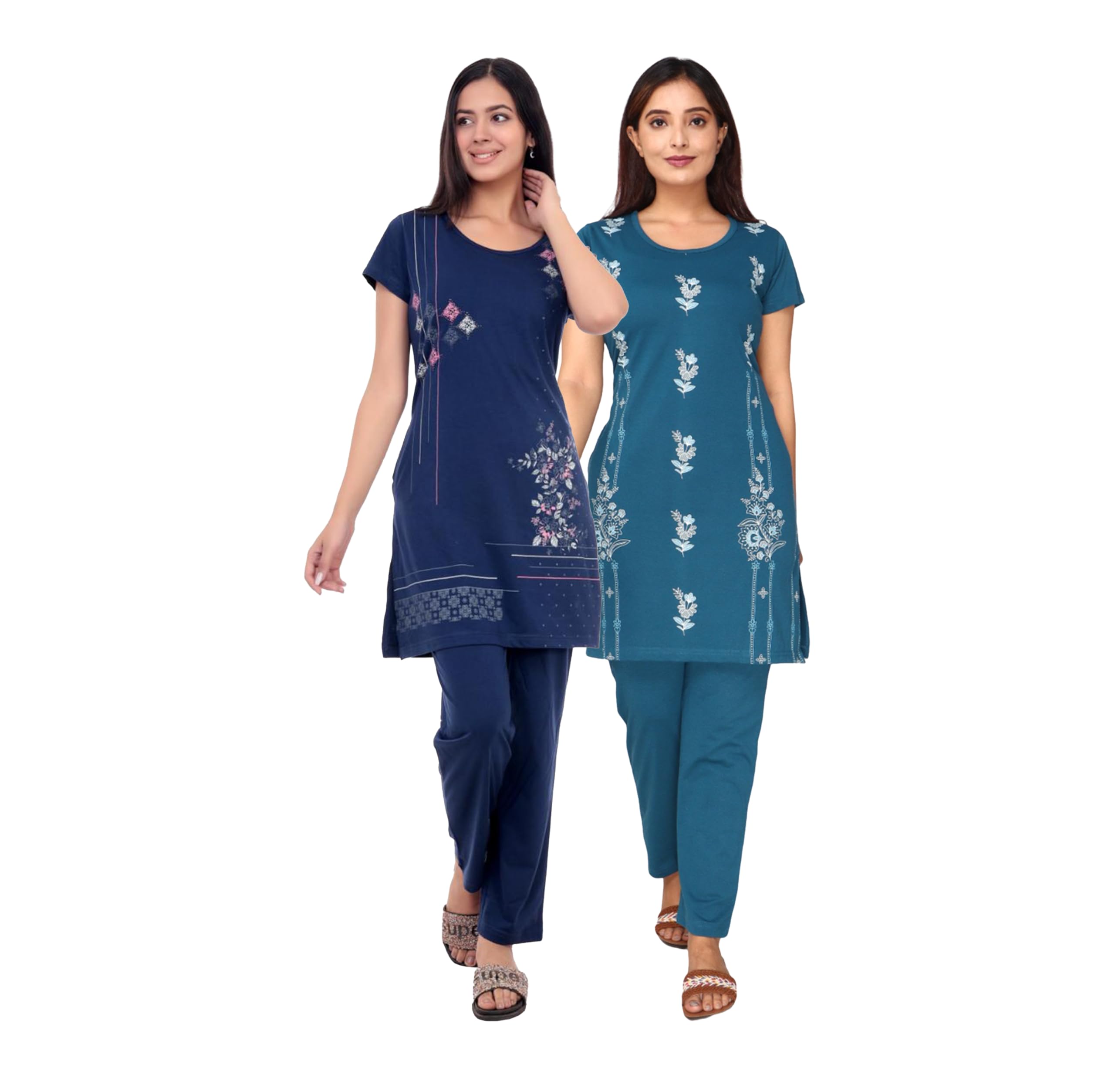 Summer Wear Round Neck Half Sleeve Cotton Blended Printed Nightsuit for Women's (Pack of 2)-image-1