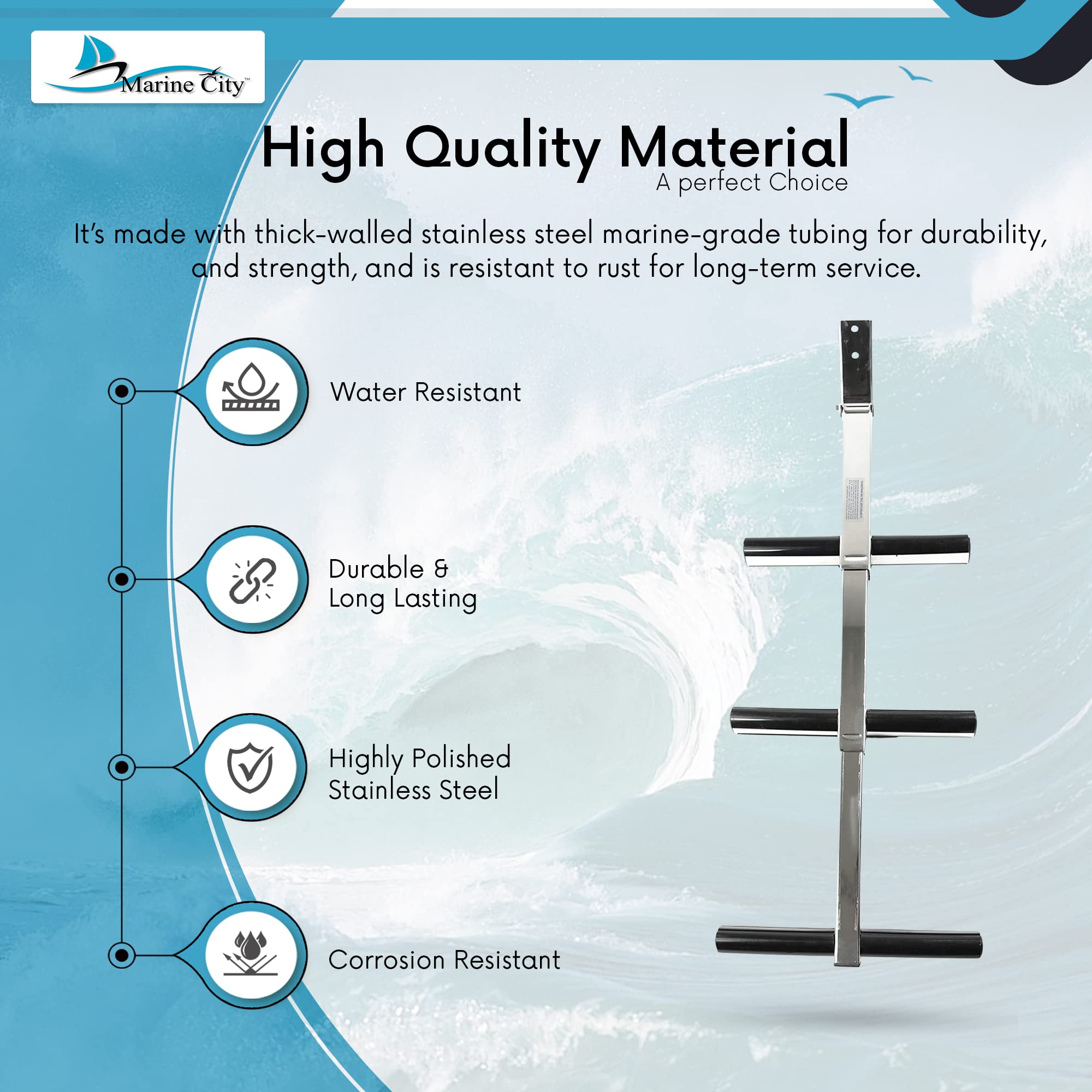 Support D'échelle Bateau Marine City – Inox 304 – Vertical (3,75 X 2,5)