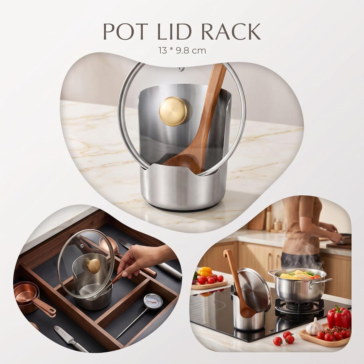 Stainless Steel Pot Lid And Spoon Rest, Multi-Function Kitchen Countertop Utensil Holder, Cooking Tool Organizer With Notch Design, Rustproof Rack For Pot Lids Spatulas Ladles，A,1PC