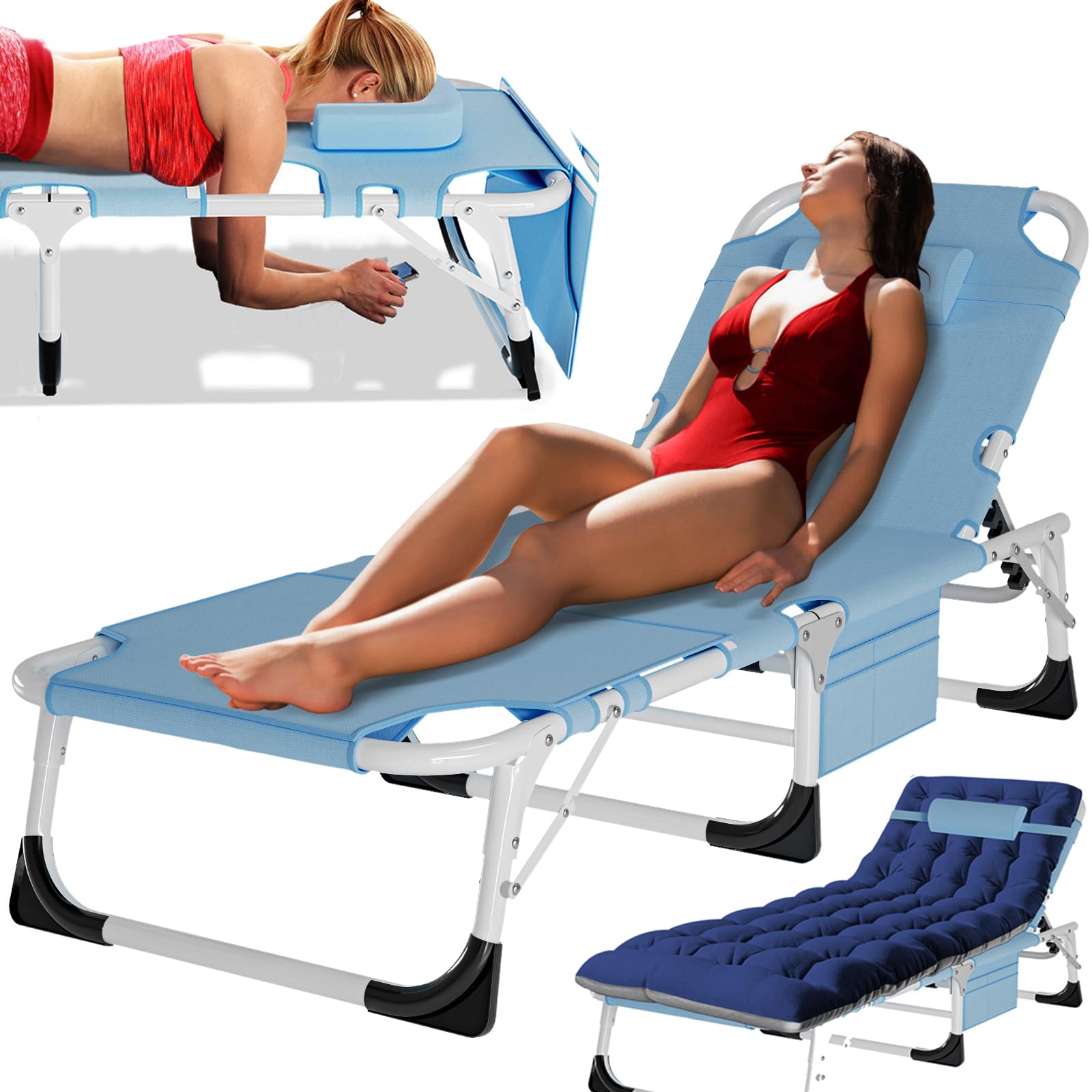 MOPHOTO Chaise longue pliante 5 positions, lit pliant, chaise longue robuste pour extérieur, piscine, plage, pelouse, camping