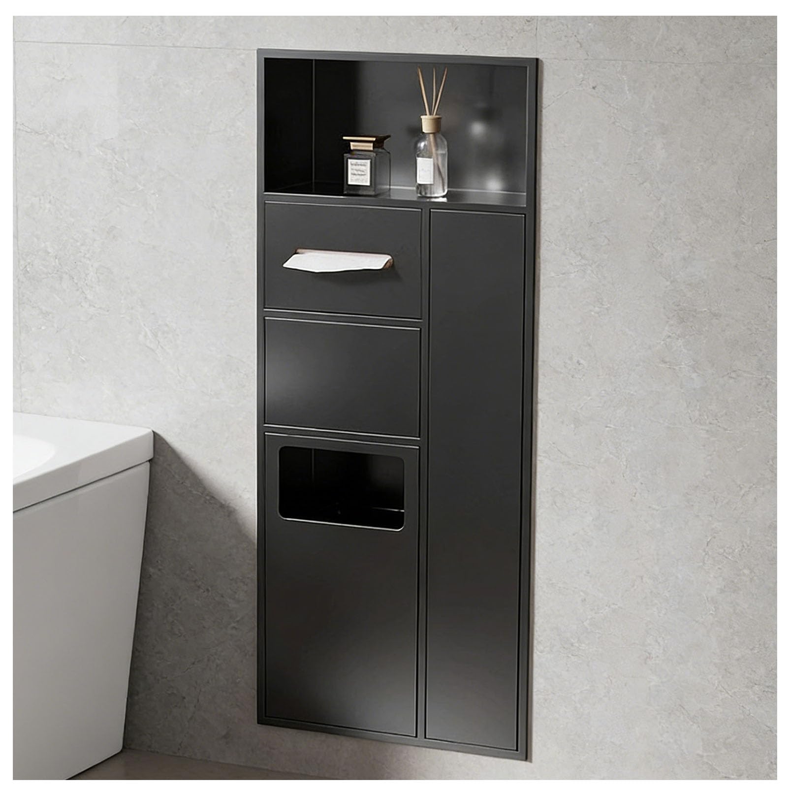MESCXTY Stainless Steel Recessed Bathroom Niche, Embedded Hidden Trash Can Cabinet with Tissue Holder, Toiletries Storage Rack Organizer, Commercial Waste Bin Toilet Brush Holder