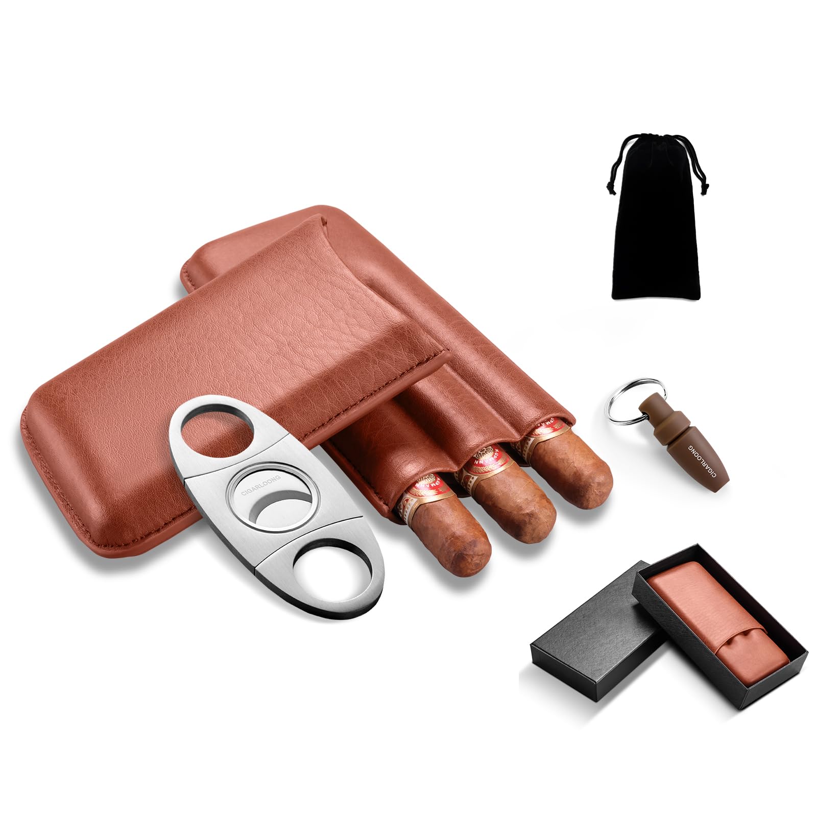 Funda para cigarros de piel para 3 unidades con punzón para puros y cortador de metal