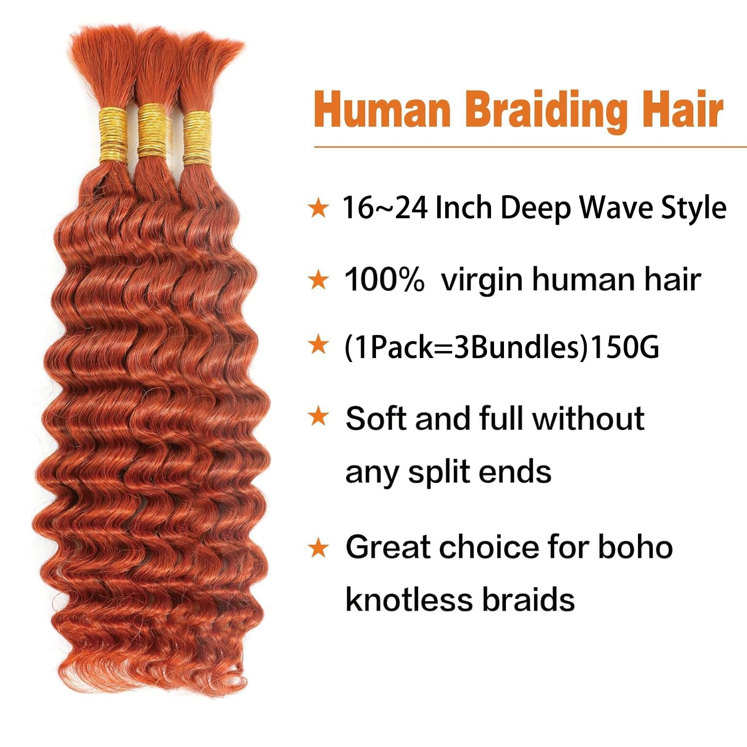 Human Braiding Hair for Boho Braids 150g Deep Wave Human Hair for Braiding 3 Bundles/Pack No Weft Curly Human Hair Extensions for Braids (#350 Ginger Color,20 Inch)
