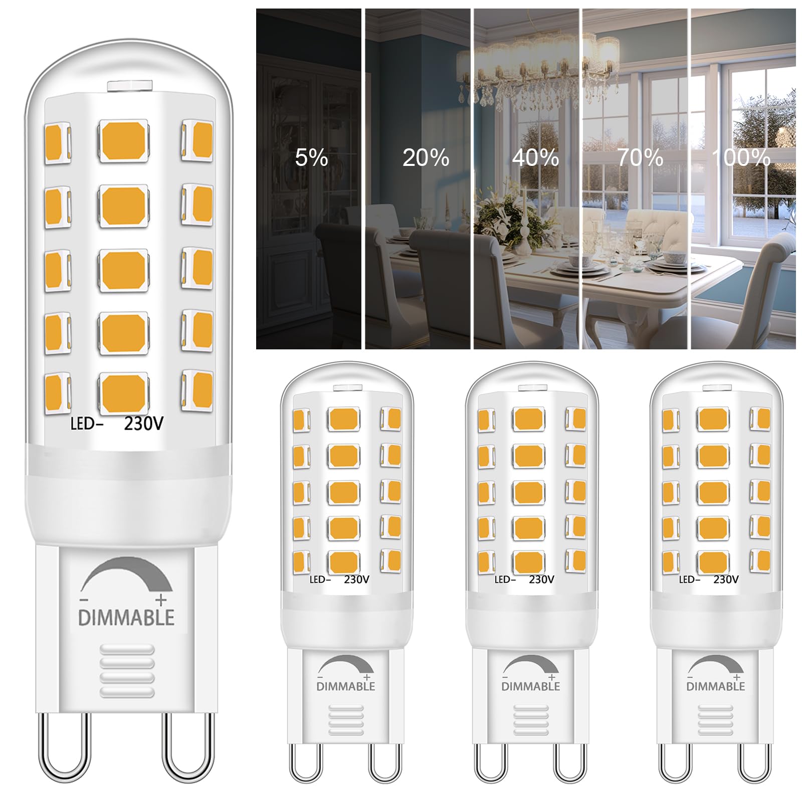 Ugvmn G9 Led Bulbs Dimmable 4W Equivalent to 40W Halogen, Warm White 3000K, No Flicker GU9 Energy Saving Bulbs, 220-240V, 450LM, G9 Light Bulbs Home Lighting Decor 4-Pack — image 1