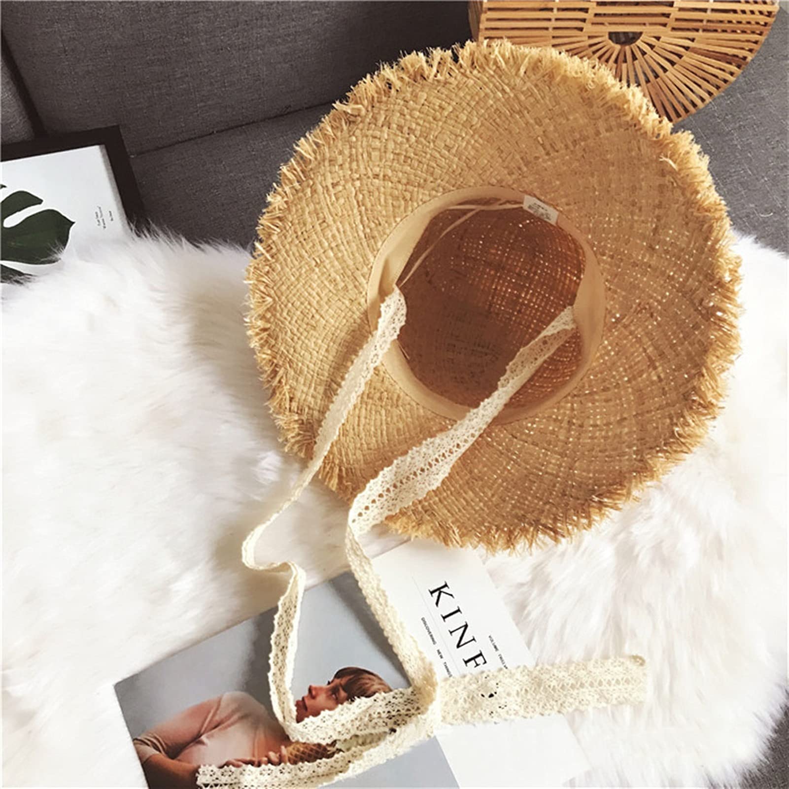 Chapeau de Soleil pour Femme Chapeau de Plage de Femmes d'été avec Le tempérament de Dentelles de Ruban Rond de Dames Ronds Plateaux de Paille Chapeaux Chapeaux Chapeau d’été (Color : 1, Size : L)