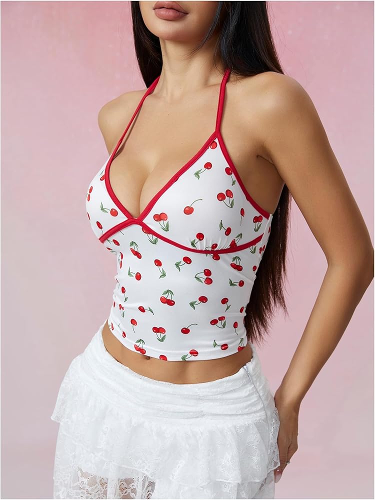 SHENHE Women's Y2k Cherry Print Top Tie Halter Neck V Neck