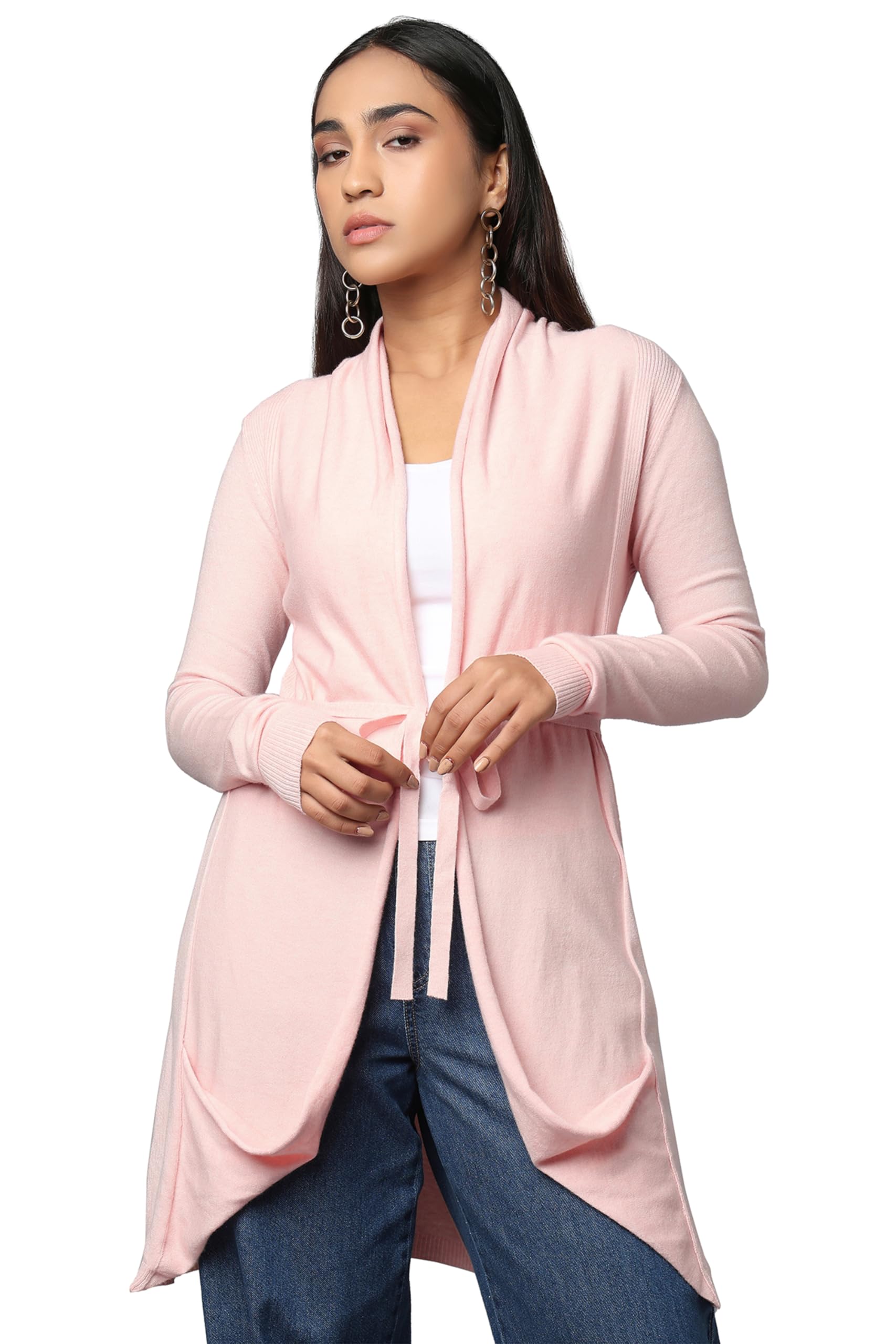 TAMiSKA Women’s Lightweight Longline Knit Cardigan, Open-Front Sweater with Tie-Up Waist & Ribbed Details, Viscose Blend, Full Sleeves, Casual Winter Layer-image-16