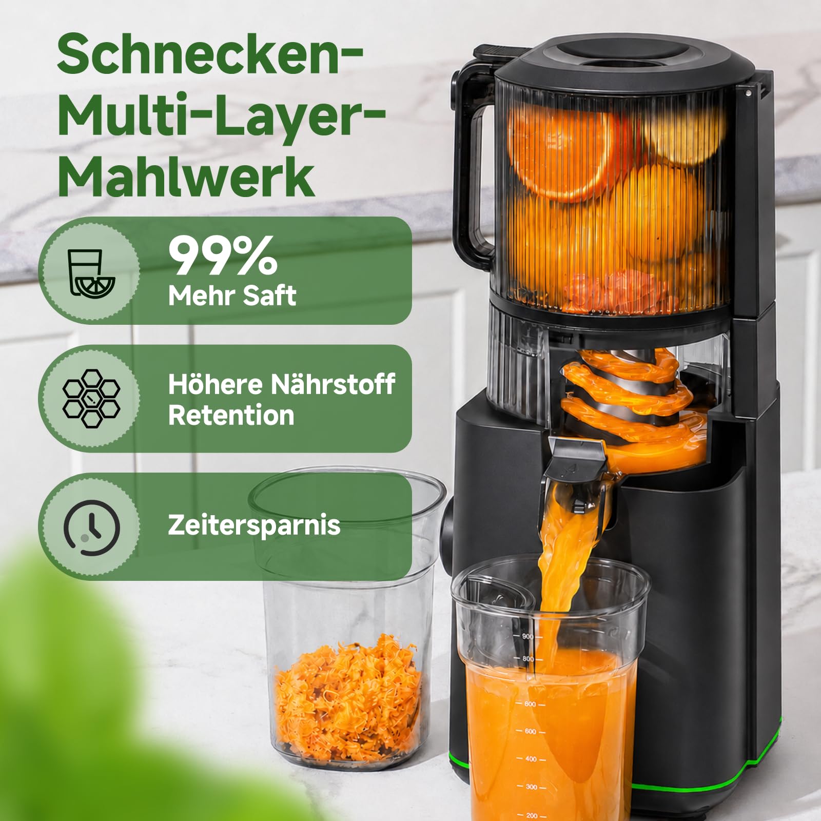 AMZCHEF Slow Juicer 600W 160 mm Einfüllschacht 2,5L Kaltpresse Saftpresse Matt Schwarz