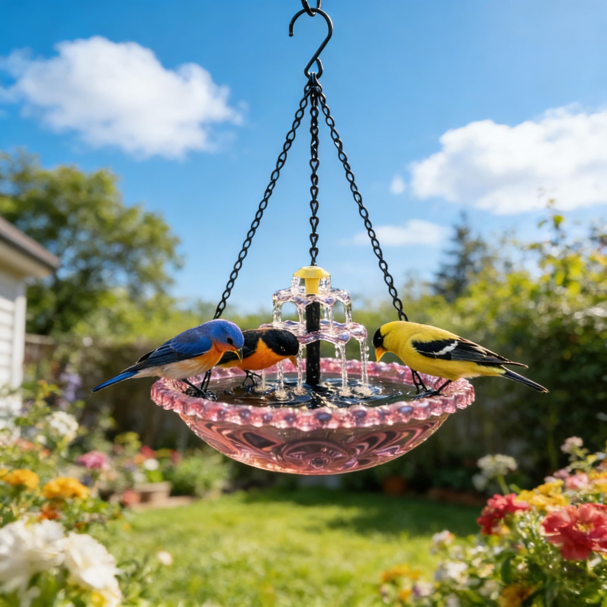 Solar Cascade Hanging Bird Bath Fountain - 9 Water Outlets for Soothing Stream Sound - Solar Powered Birdbath with 12" Large Bowl for Outdoor Garden Yard Decor & Hummingbird Attraction (Blue) — view 10