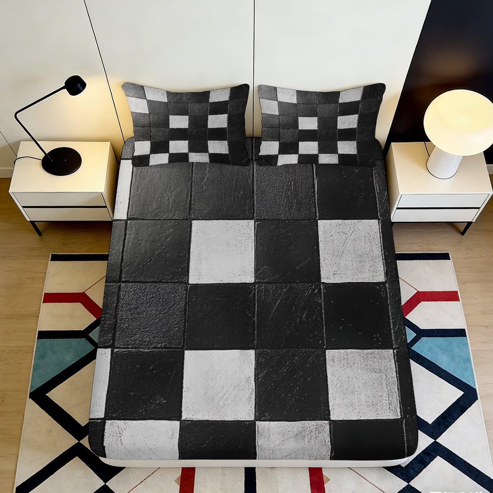 3D Printed Black White Checkerboard Fitted Sheet Microfiber Soft Geometric Bed Sheet for Bedroom Dorm Decor 90x200x25cm