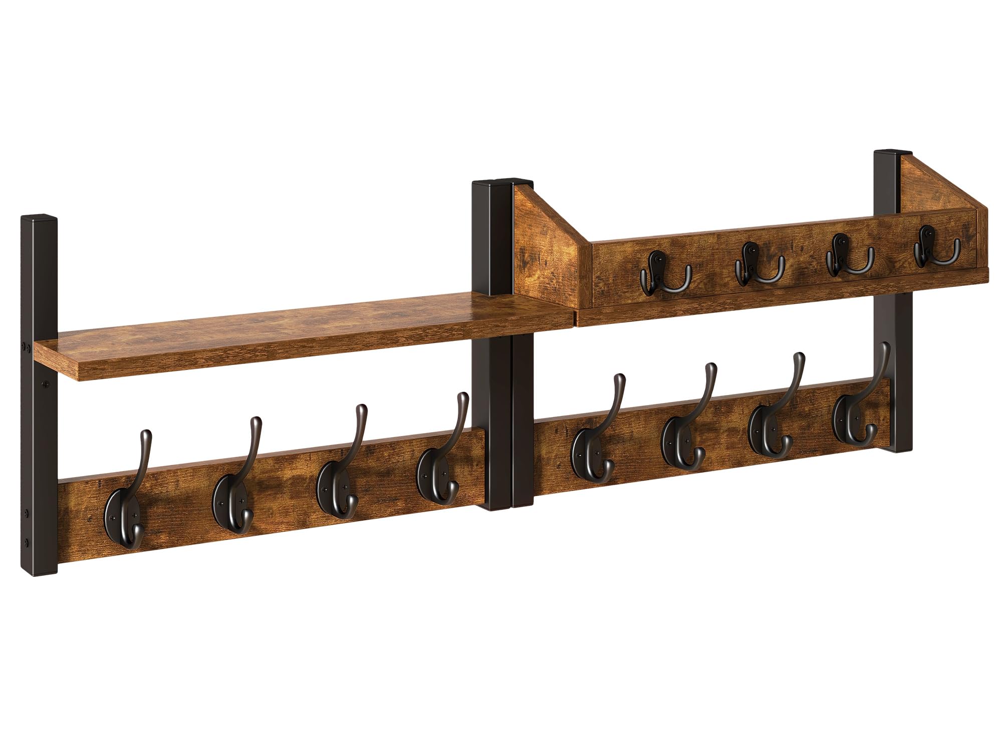 YMYNY 4 in 1 Appendiabiti da Parete con Mensola Design, Attaccapanni da Muro in Legno con 12 Ganci Moderno per Ingresso, Cameretta e Bagno, Marrone Rustico, HWS007H-2