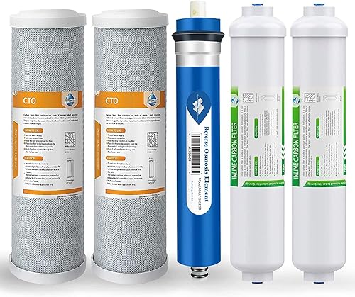 Membrane Solutions 2 filtros de carbono, 1 membrana RO de 50GPD y 2 filtros de agua de carbono en línea T33, se adapta a sistemas purificadores de