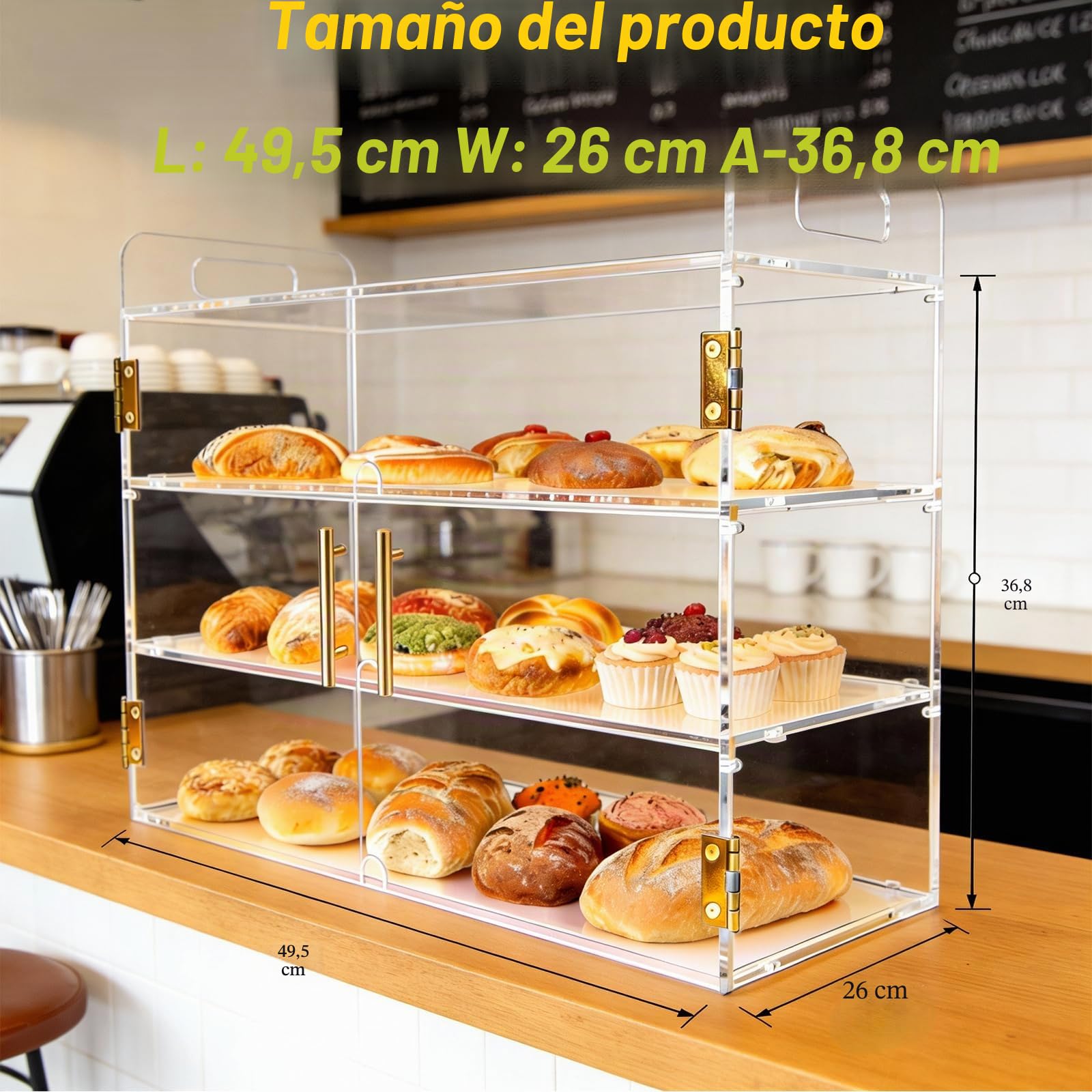 Vitrina de 3 bandejas para encimera de panadería con puerta automática elástica, 49.5cm x 26cm x 38cm, vitrina acrílica transparente para repostería de pan, postres, galletas