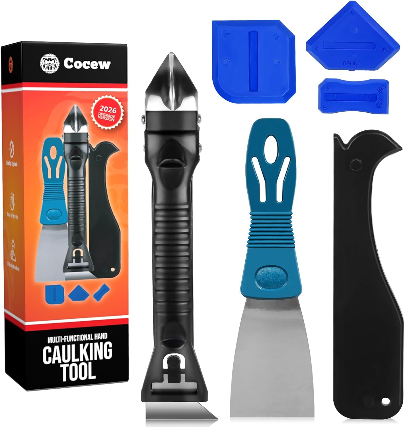 Silicone Caulking Tool Kit, Caulk Remover Tool, Putty Knife Scraper, 3 Glass Glue Corner Scrapers, Grout Removal Tool with Stainless Steel Head for Kitchen Bathroom and Window