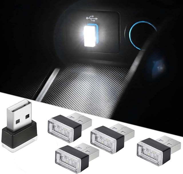 CTRICALVER 5 Piece White Car LED Atmosphere Lights, Plug-in 5V Lights Mini Interior Ambient Lighting Kit for Cars, Laptops, USB Sockets, Night Lights and Extra USB Plugs Decoration