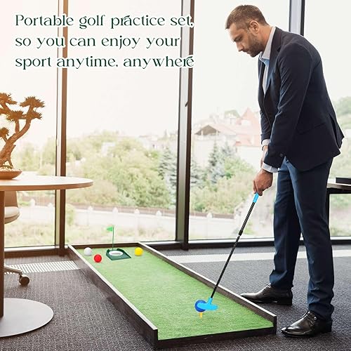 Miniatura 5 de Juego de 4 mini putters de golf con 8 bolas, 4 copas de golf y bandera, camisetas, putter de longitud ajustable de dos vías para golfista diestro o