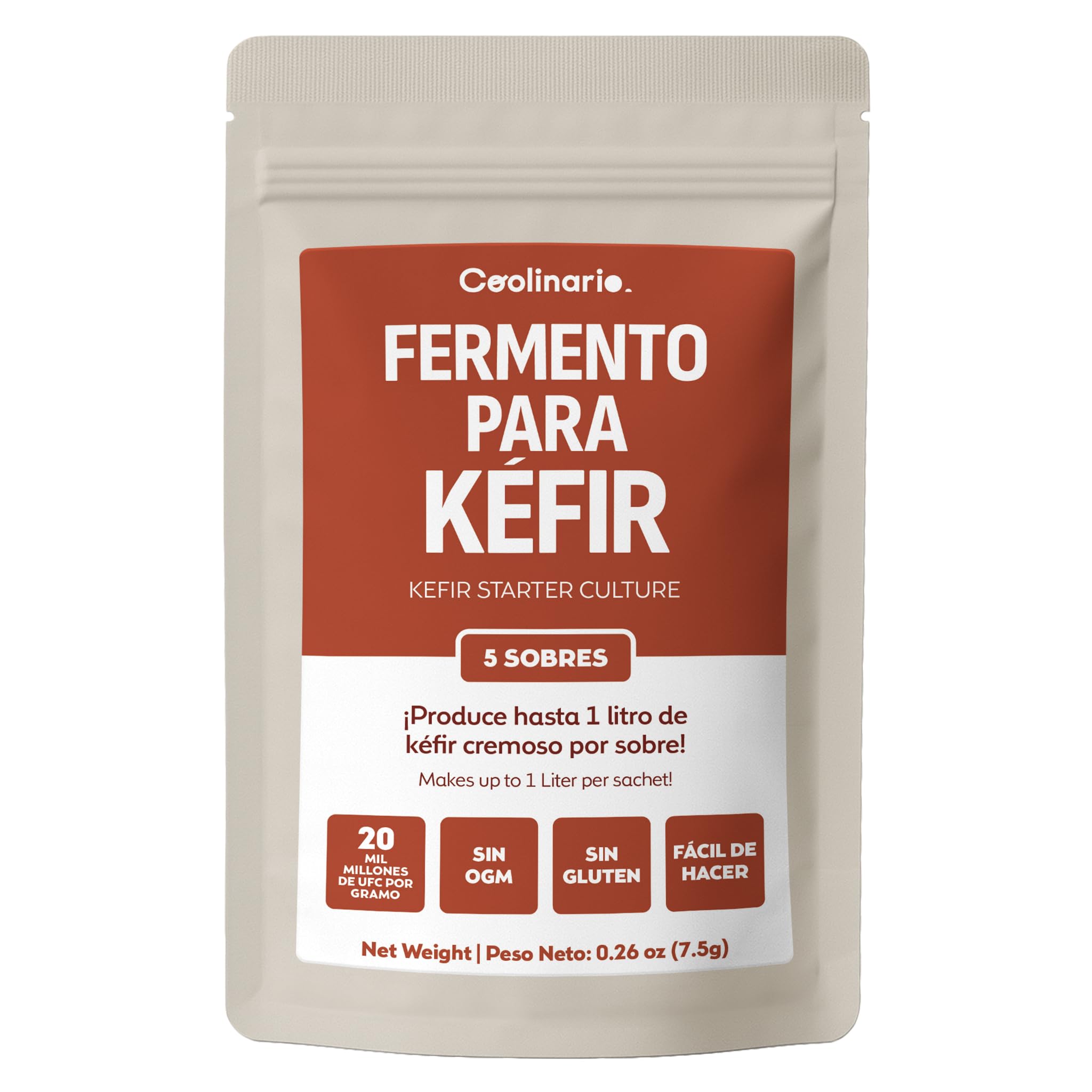 Coolinario Fermentos para Kéfir 5 Sobres 1.5g Cultivos Casero Probióticos Vivos Sin OGM Sin Conservantes Sin Gluten