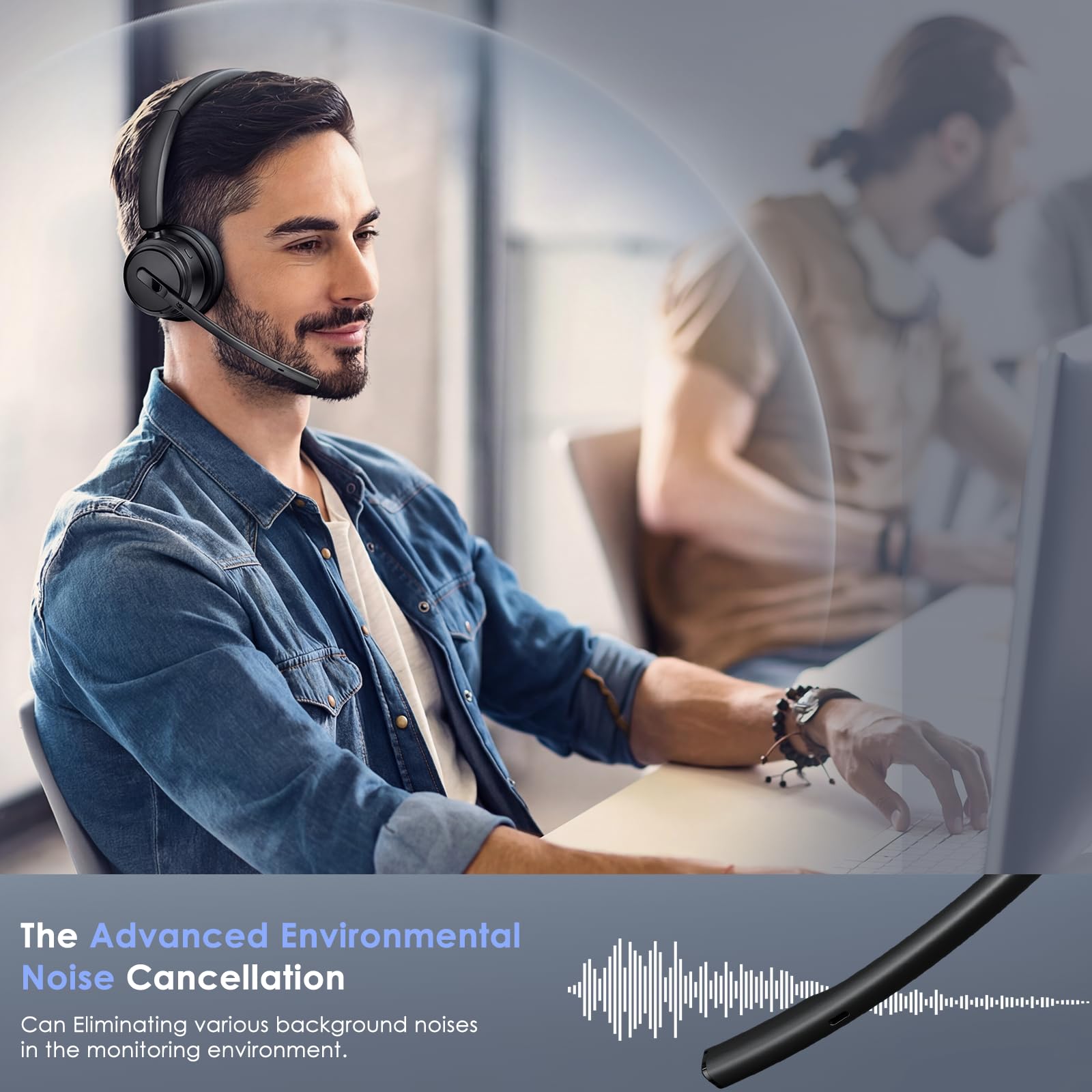 Condition photo showing New/Like New for mopchnic wireless headset with noise cancelling microphone, on-ear bluetooth headset with usb dongle, mute function & charging base, wireless headphones for work from home and call center (black)