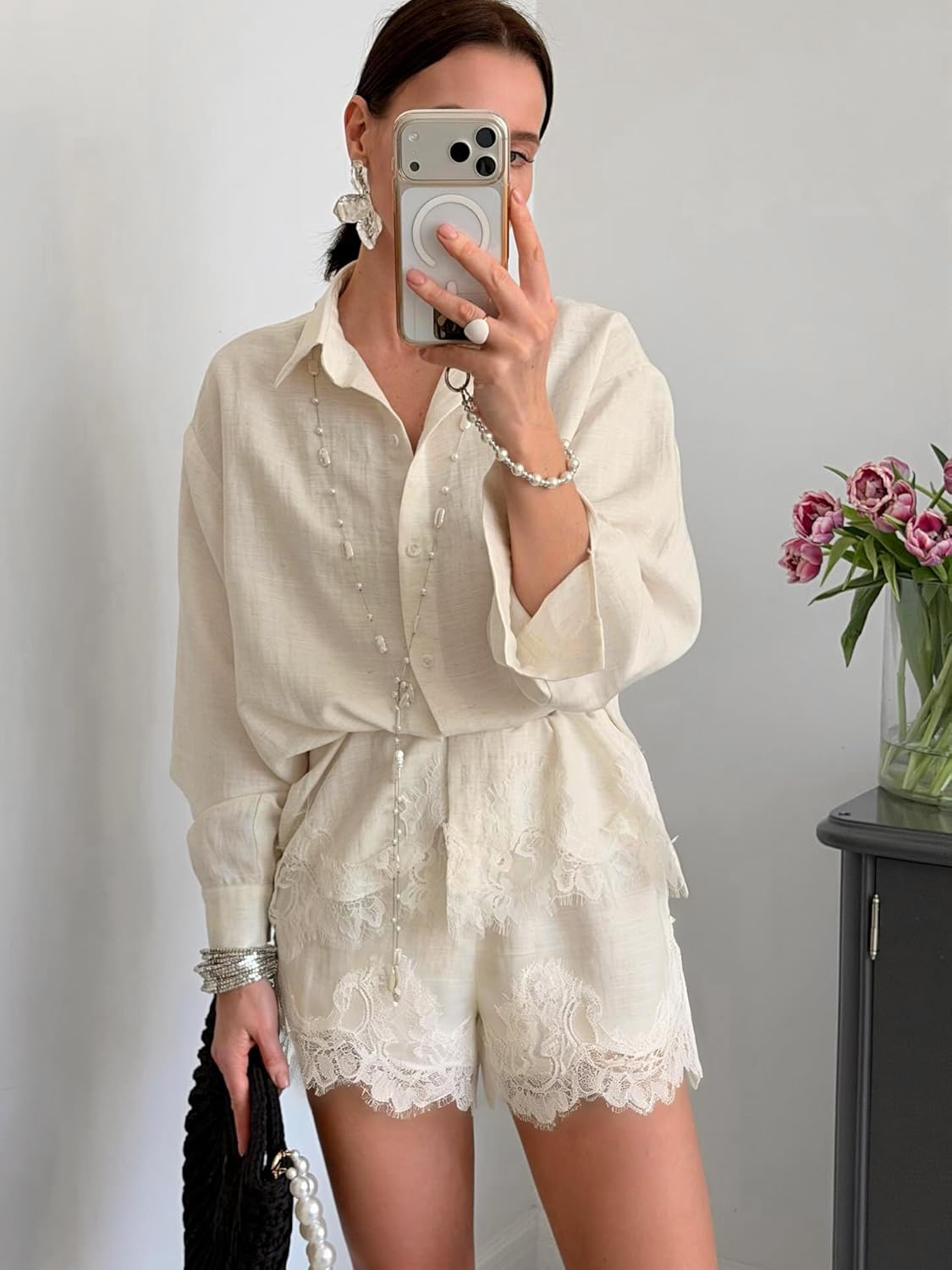 VOIKERDR Going Out Sets for Women Lace Patchwork Long Sleeve Button Blouse and Shorts Casual Outfits