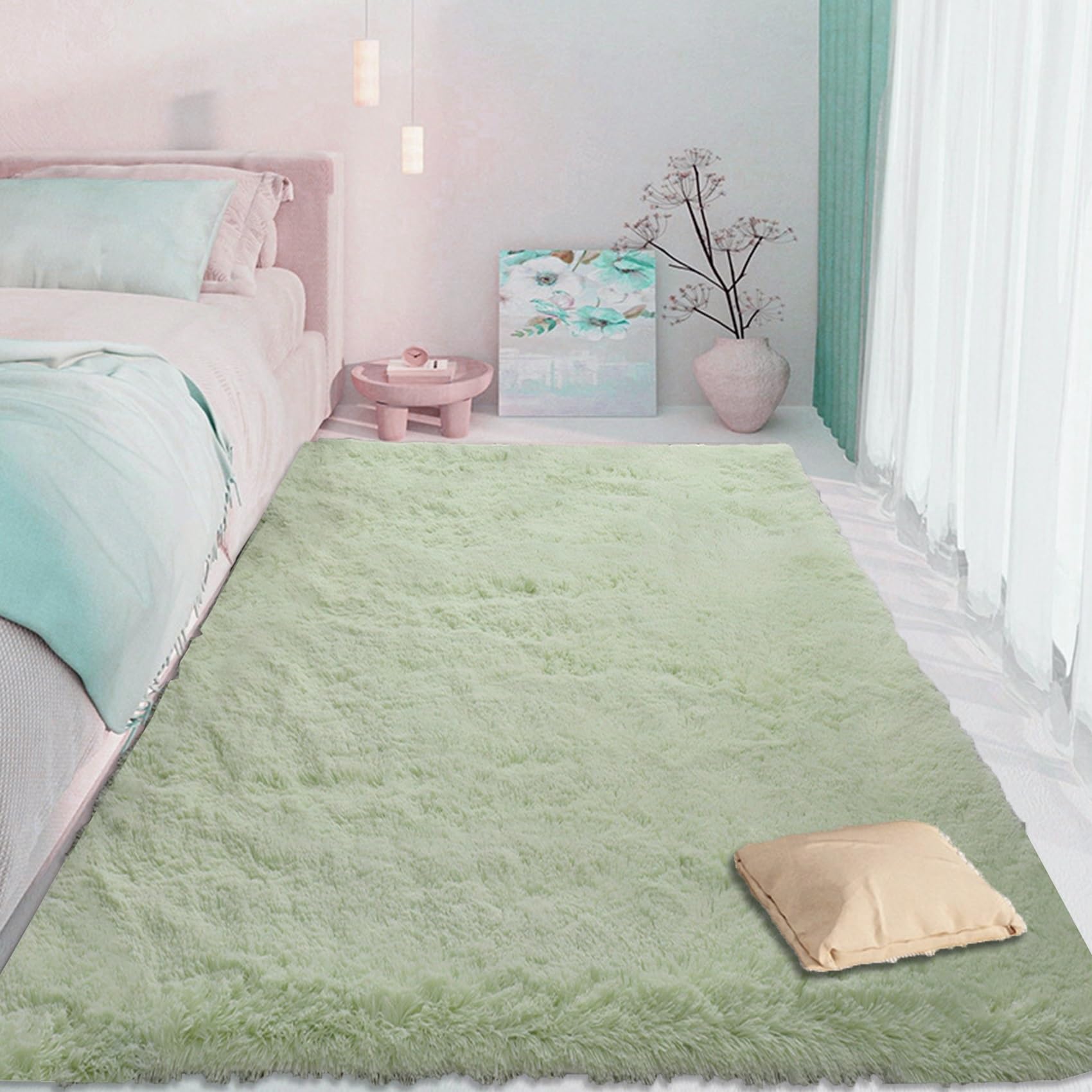 CUIMEI Alfombra Salon Grande 170 x 190 cm, Lavable Suave, Pelo Largo, Esponjosa Shaggy, Peludas Que No Se Desprenden, para Sala de Estar Alfombras Salón Pelo Largo, Verde Claro