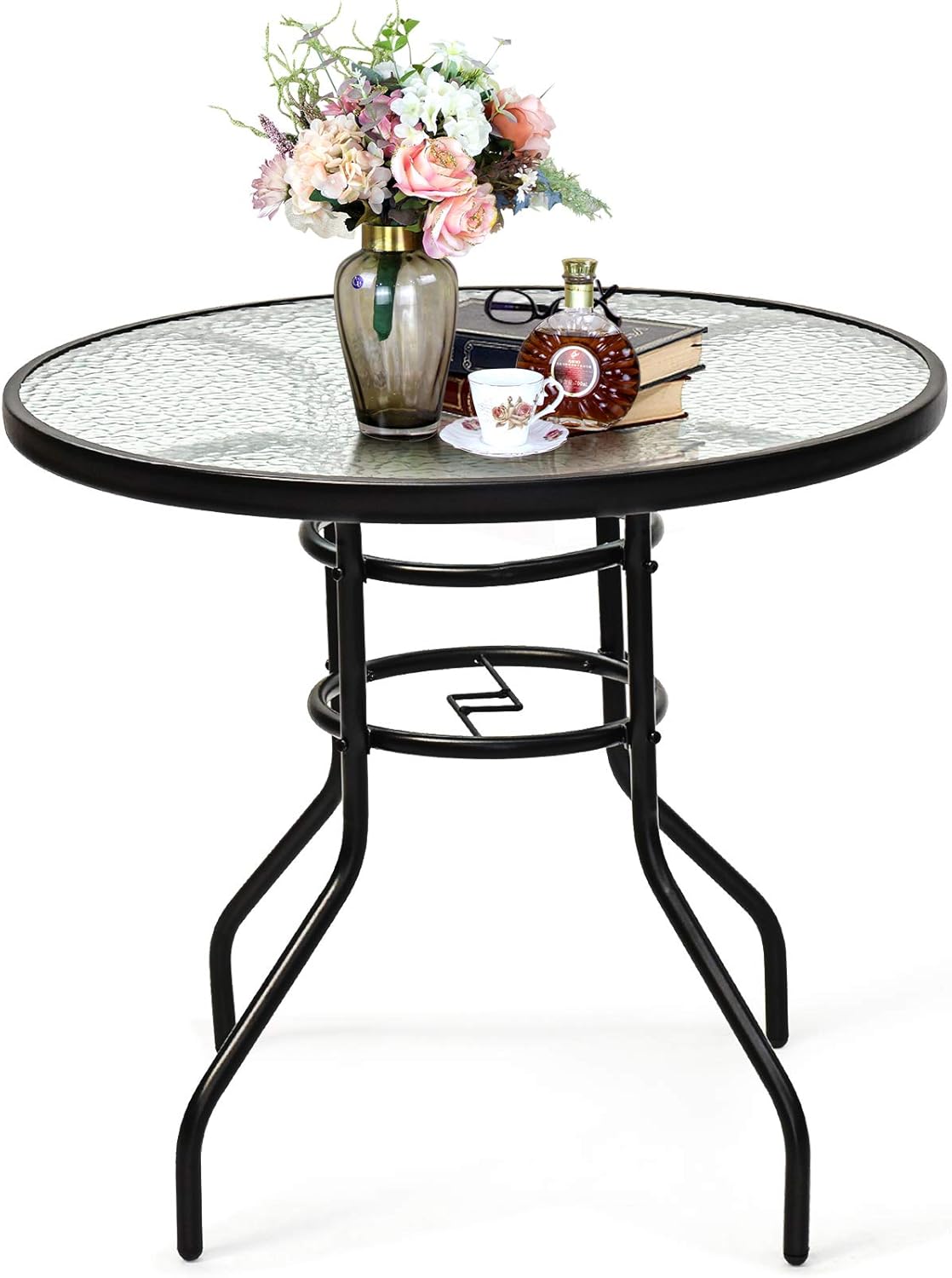 S AFSTAR Patio Bistro Table, Tempered Glass Table with 1.65” Umbrella Hole, Round Outdoor Dining Table, Round Patio Coffee Table for Deck Balcony Lawn Pool Backyard, 28”H x 32” D (Black)