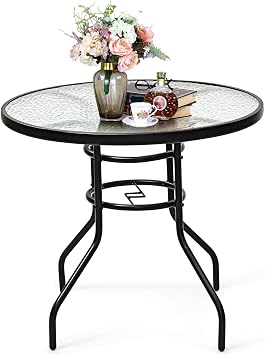 S AFSTAR Patio Bistro Table, Tempered Glass Table with 1.65 Umbrella Hole, Round Outdoor Dining Table, Round Patio Coffee Table for Deck Balcony Lawn Pool Backyard, 28H x 32 D Black