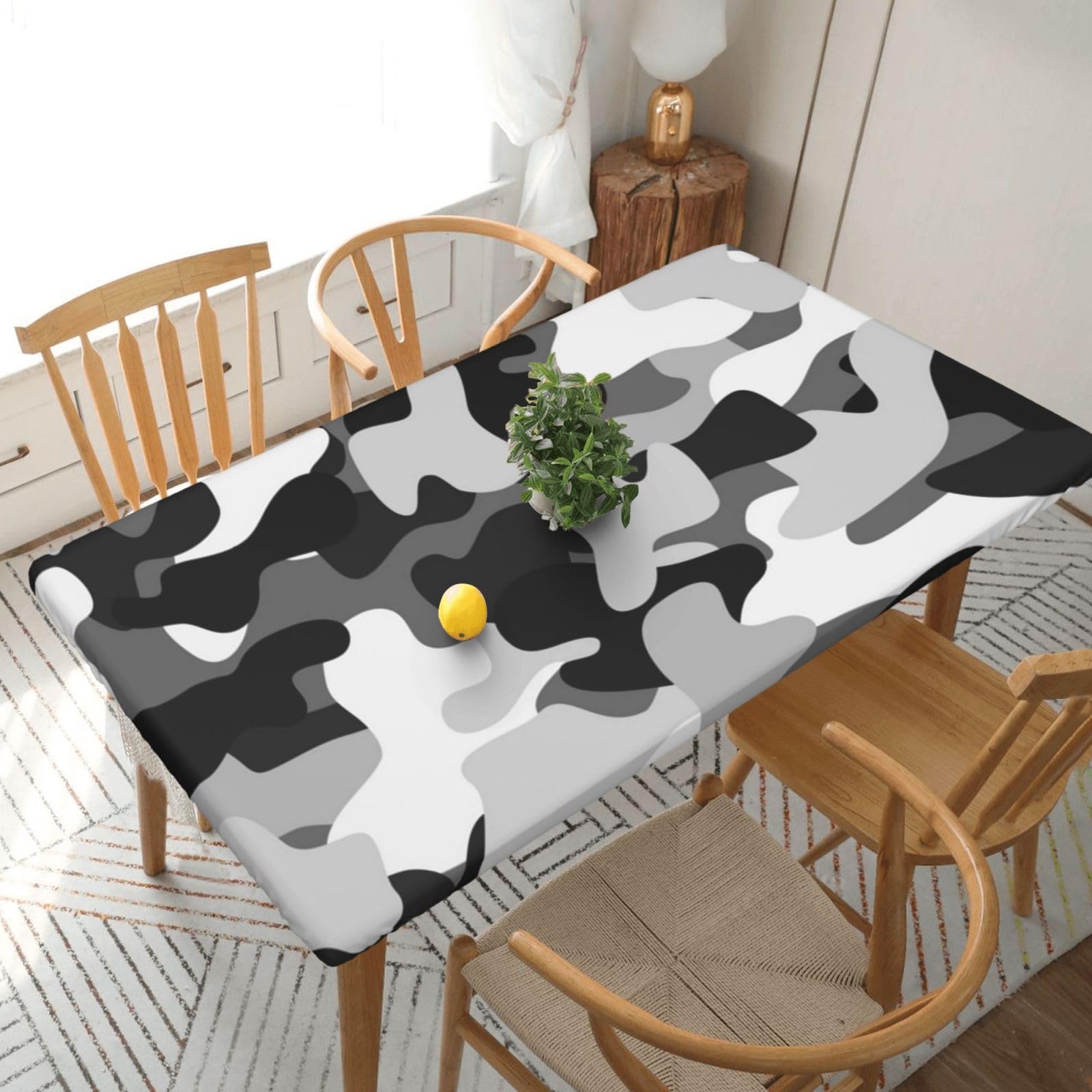 DCEHGEW Elastic Fitted Rectangle Tablecloth for 5ft Tables, Black Grey and White Camouflage Printed Oilproof & Washable Fabric Picnic Table Cloth Table Covers