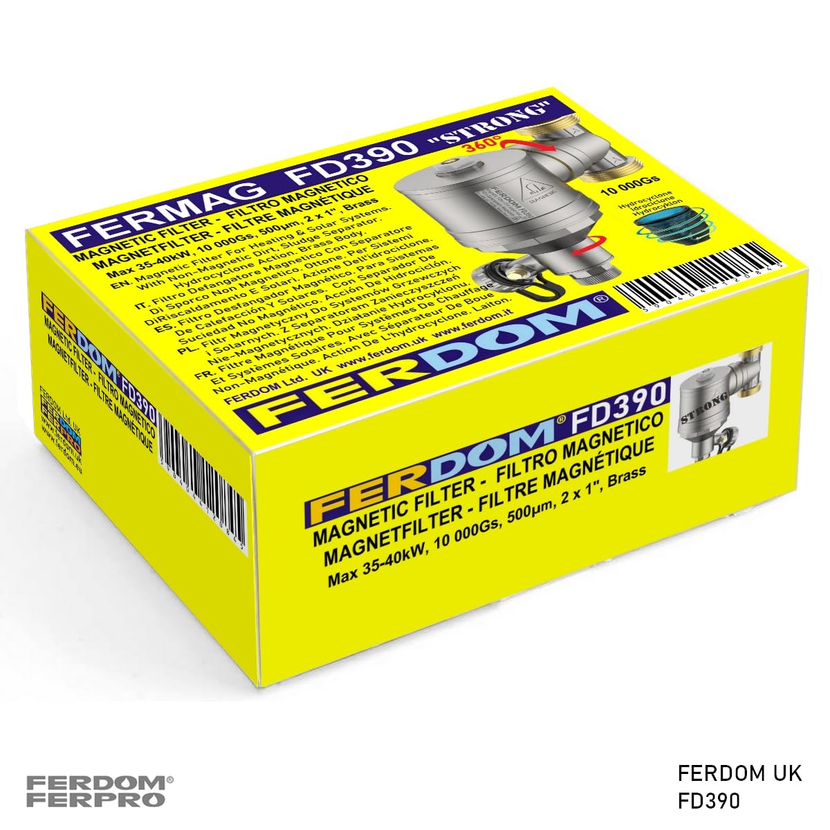 FERDOM FD390 STRONG 1" (DN25) Filtro Magnetico/Idrociclone Per Sistemi Di Riscaldamento. Magnete 10000gs. Con Separatore Di Particelle Non Magnetiche Inox 1000µm. Max.40kW. Rac.360 Gradi. 100% Ottone