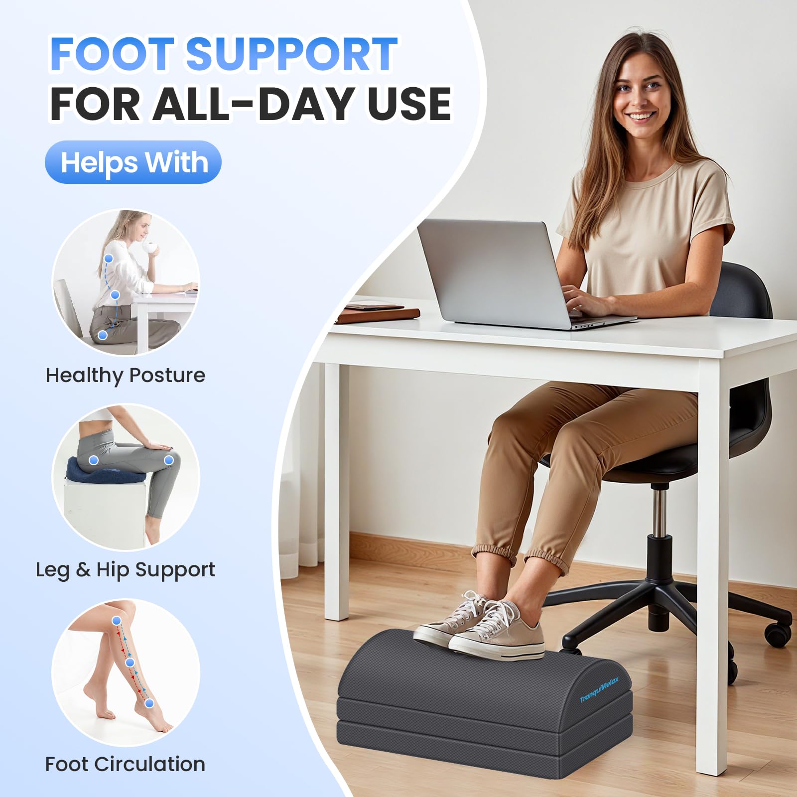 TranquilRelax Reposapiés para debajo del escritorio en el trabajo, accesorios de juegos, taburete con 3 alturas ajustables y funda lavable, cómodos accesorios de escritorio de oficina, reposapiés para