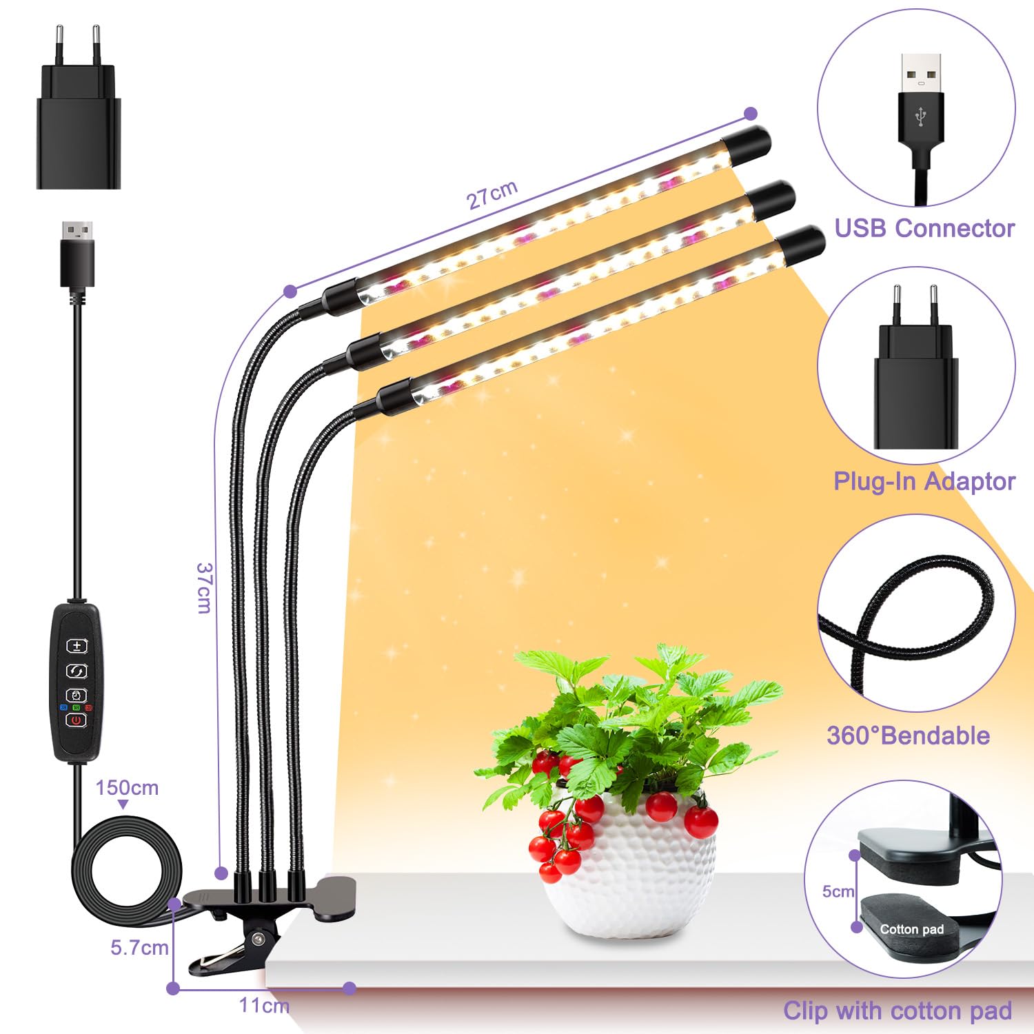 3 teste di luce per piante, Lampada per Piante LEDs, Lampada Piante Coltivazione, Luce di crescita a spettro completo, Lampada di Crescita con Timer Auto on/off 3/9/12H per Frutta Verdure Fiore