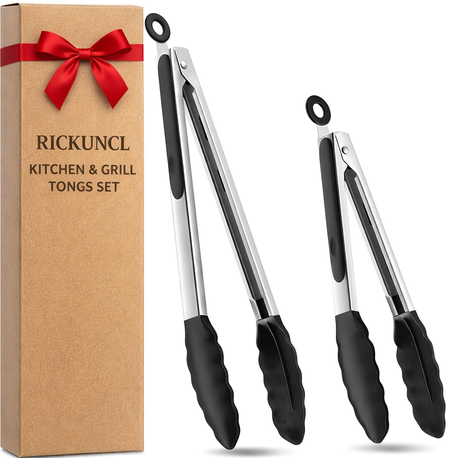 Kitchen Tongs Set of 2, 9/12 Inch Silicone Tongs Kitchen, Stainless Steel Cooking Tong with Tips, Non Stick Home Tewwzers Tools & Gadgets for BBQ, Air Fryer, Grilling, Salad - Black