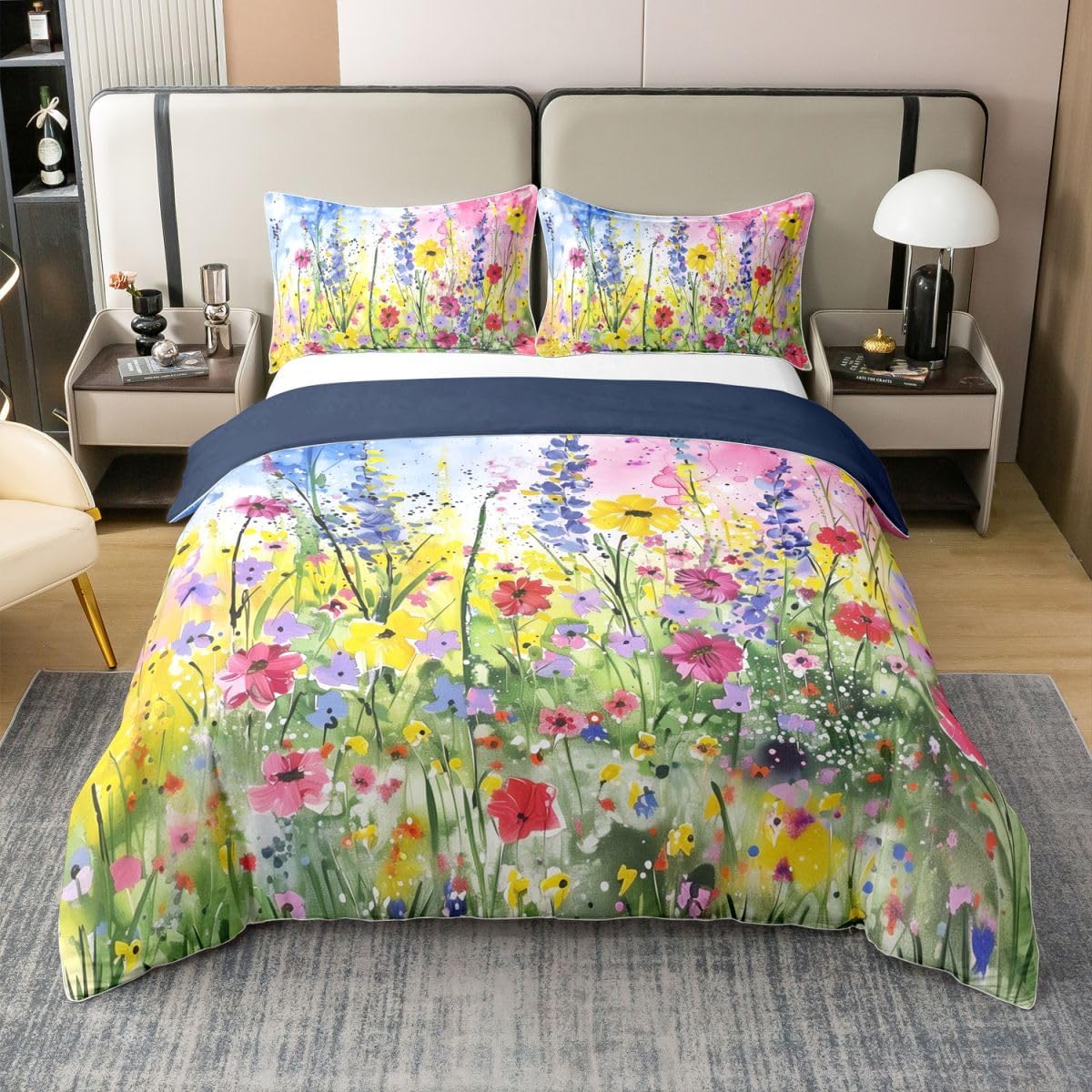 Erosebridal Watercolor Floral Duvet Cover Set Rustic 100% Cotton Comforter Cover | Aesthetic Flowers Queen Bedding Sets, Boho Country Botanical Bed Sets