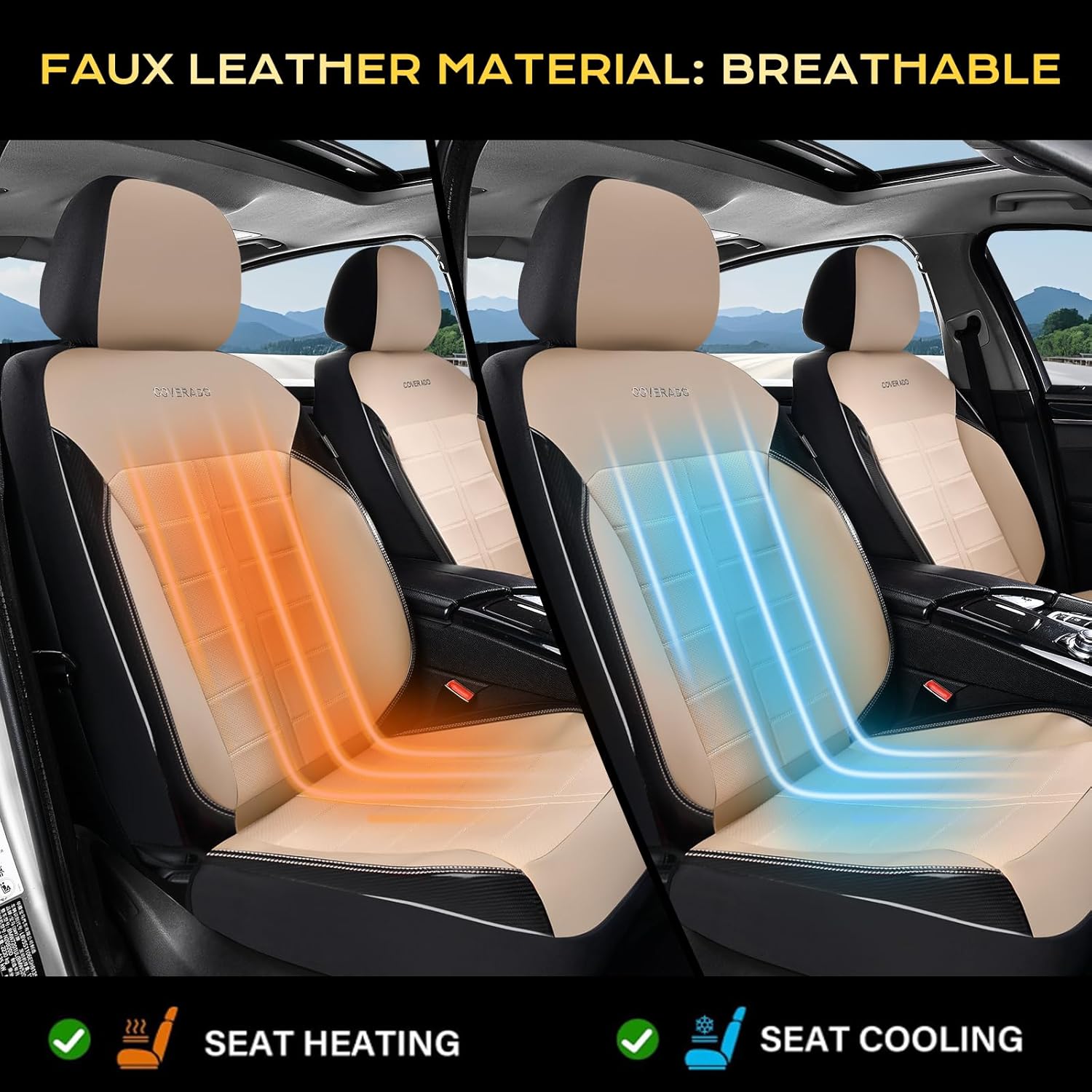 Coverado Full Set Leather Car Seat Covers, Crafted with Full Leather Construction and Carbon Fibre Weave Universal Fit for Most Cars SUV Trucks(Beige