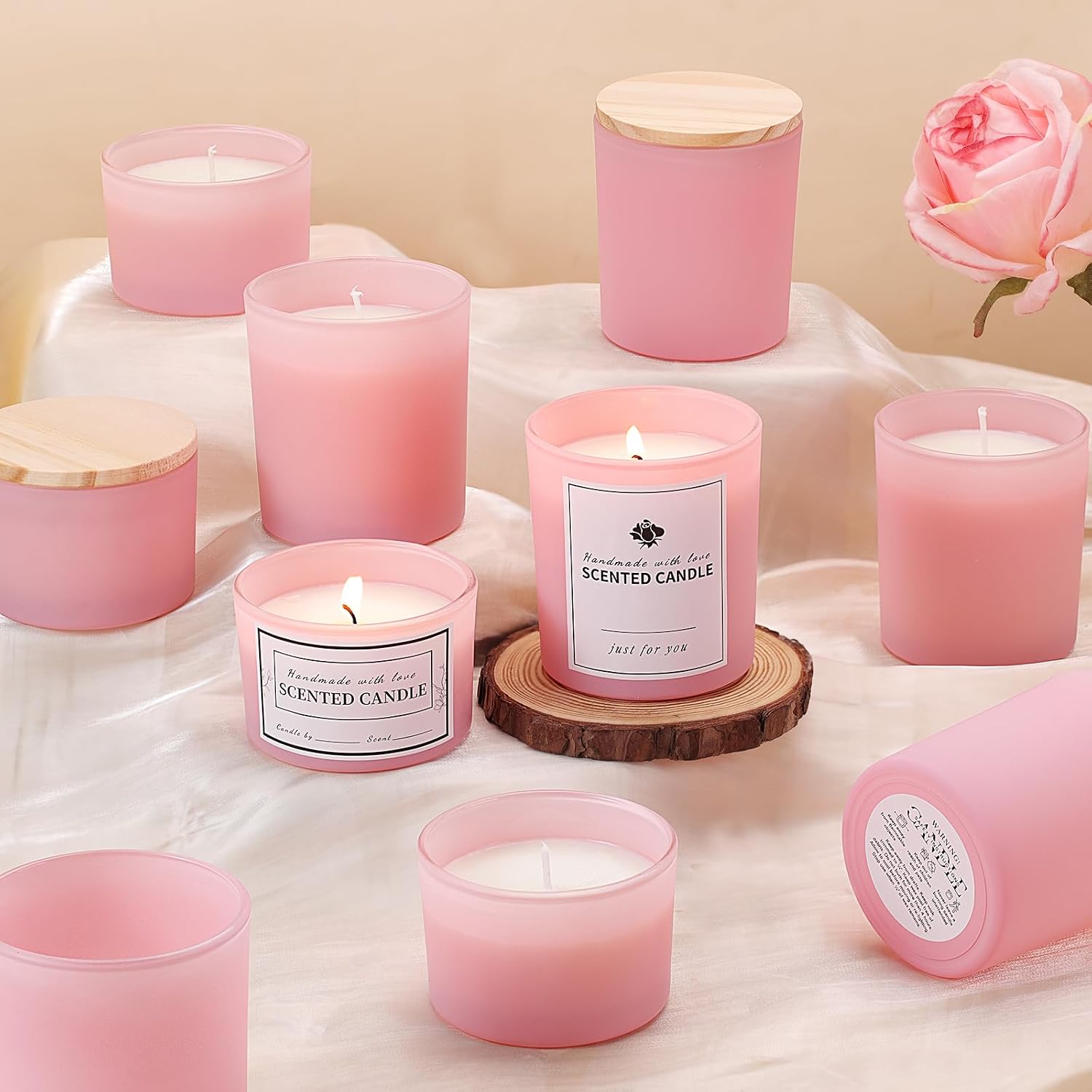 Sunnyfuture 16 Pack Matte Pink Candle Jars, 8pcs 7oz + 8pcs 4oz Candle Jars for Making Candles with Wooden Lids and Labels for DIY, Gifts, Home