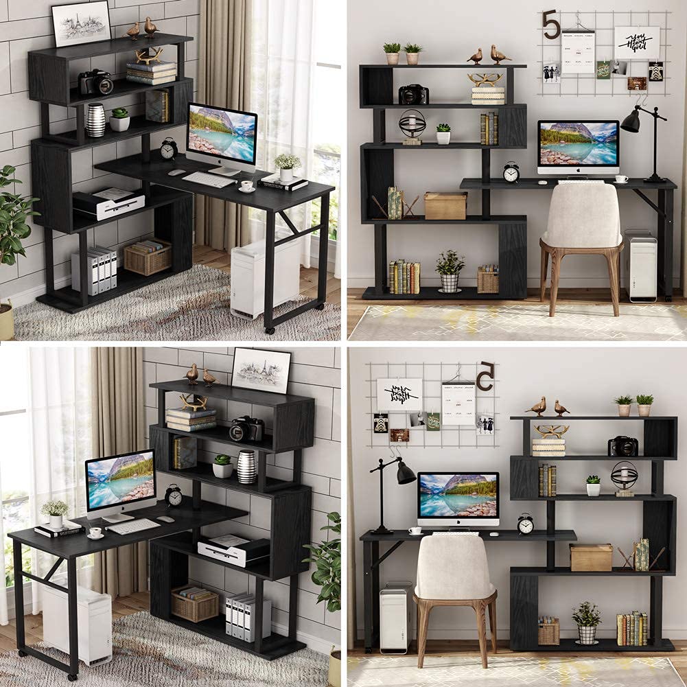 Tribesigns Rotating Computer Desk with 5 Shelves Bookshelf, Modern L