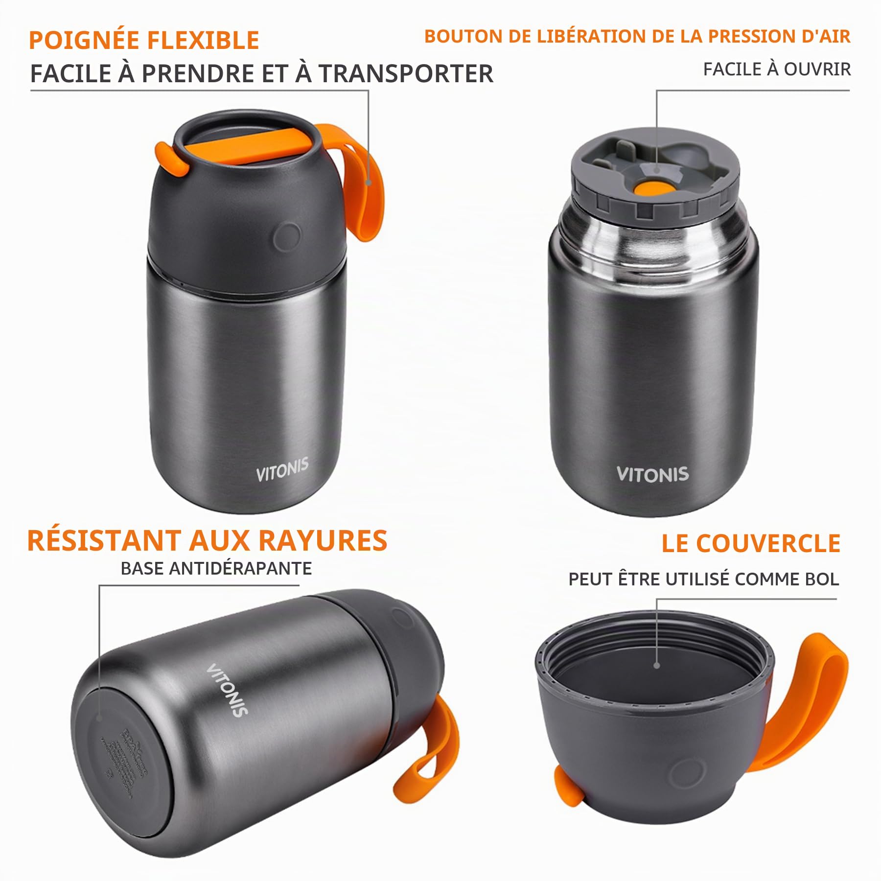 Boîtes Alimentaires Isothermes Set 500ml+700ml, Boîte Isotherme Repas Chaud en Acier Inoxydable avec Cuillère, Thermoisolant Boîte Récipient Thermique sans BPA pour Ecole Bureau, Noir