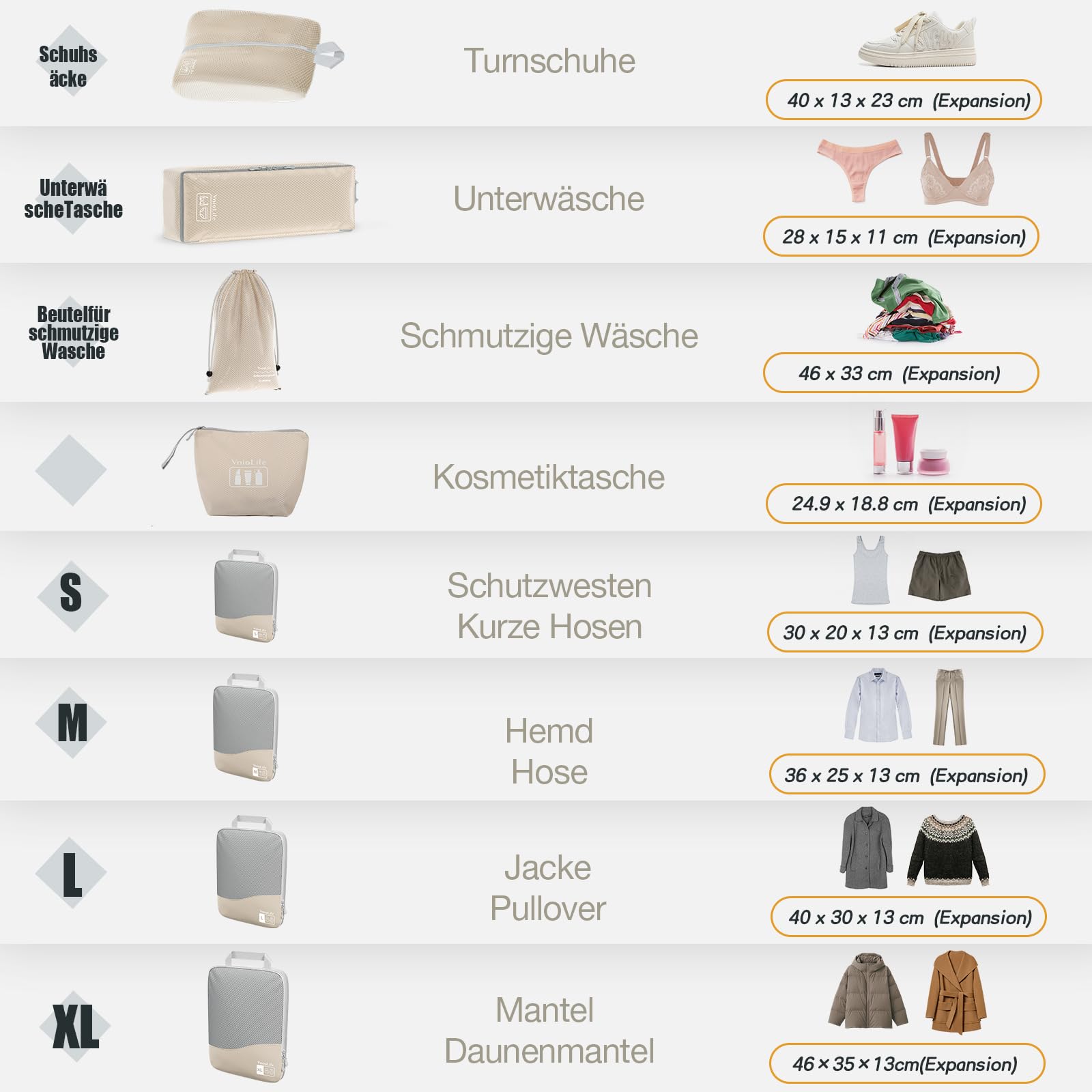 Compression Packing Cubes 8 Stück, Packwürfel Kompression, Koffer Organizer Kompression, Packtaschen Wasserdichte, Packing Cubes Backpack, Reise Organizer Set (Beige)