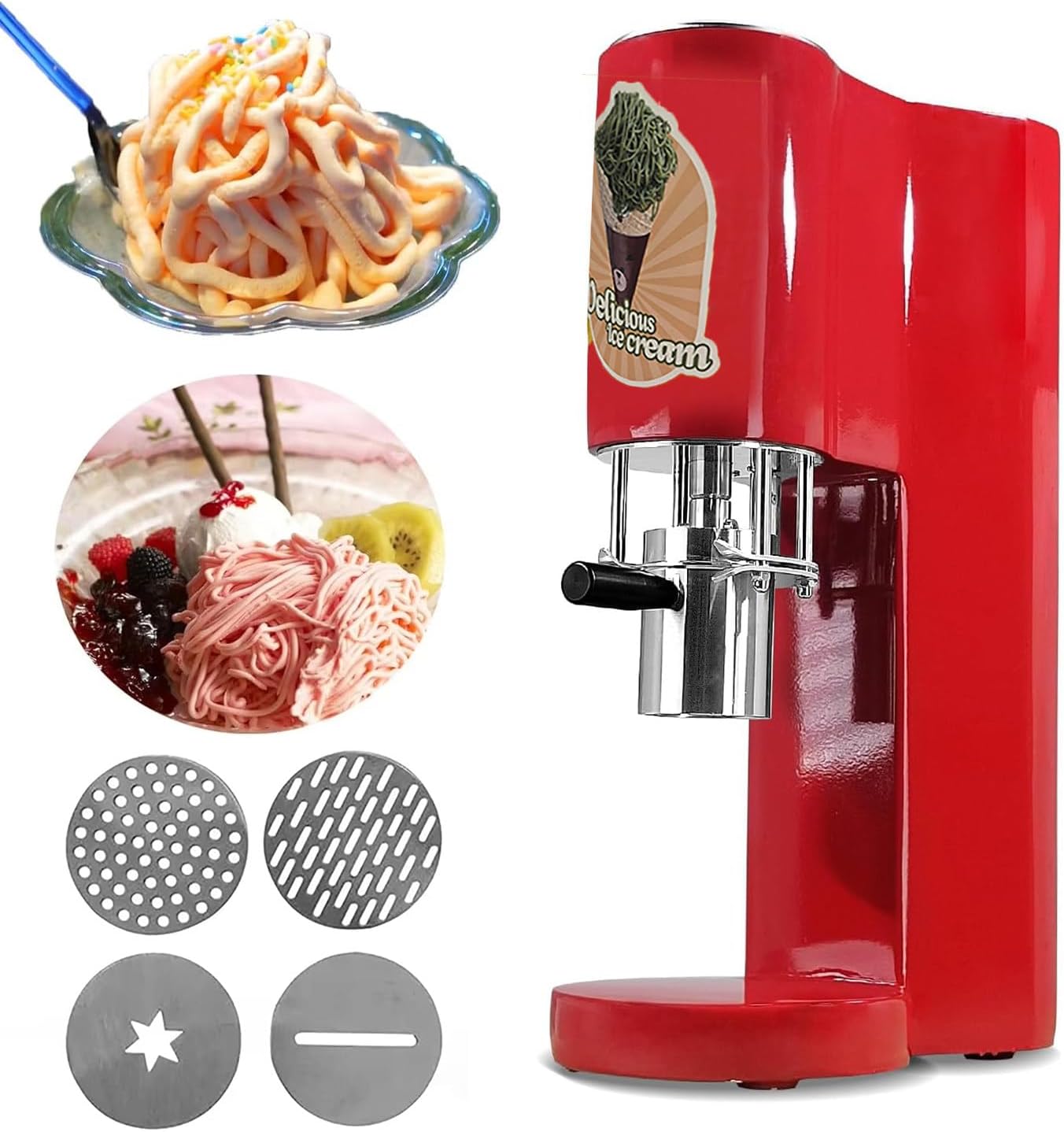New Italian Spaghetti Ice Crean Machine for Commercial/Home, 4-in-1 Versatile Ice Cream Maker with 4 Molds, 420 ml Capacity, for Gelato & Dessert Shops,Red