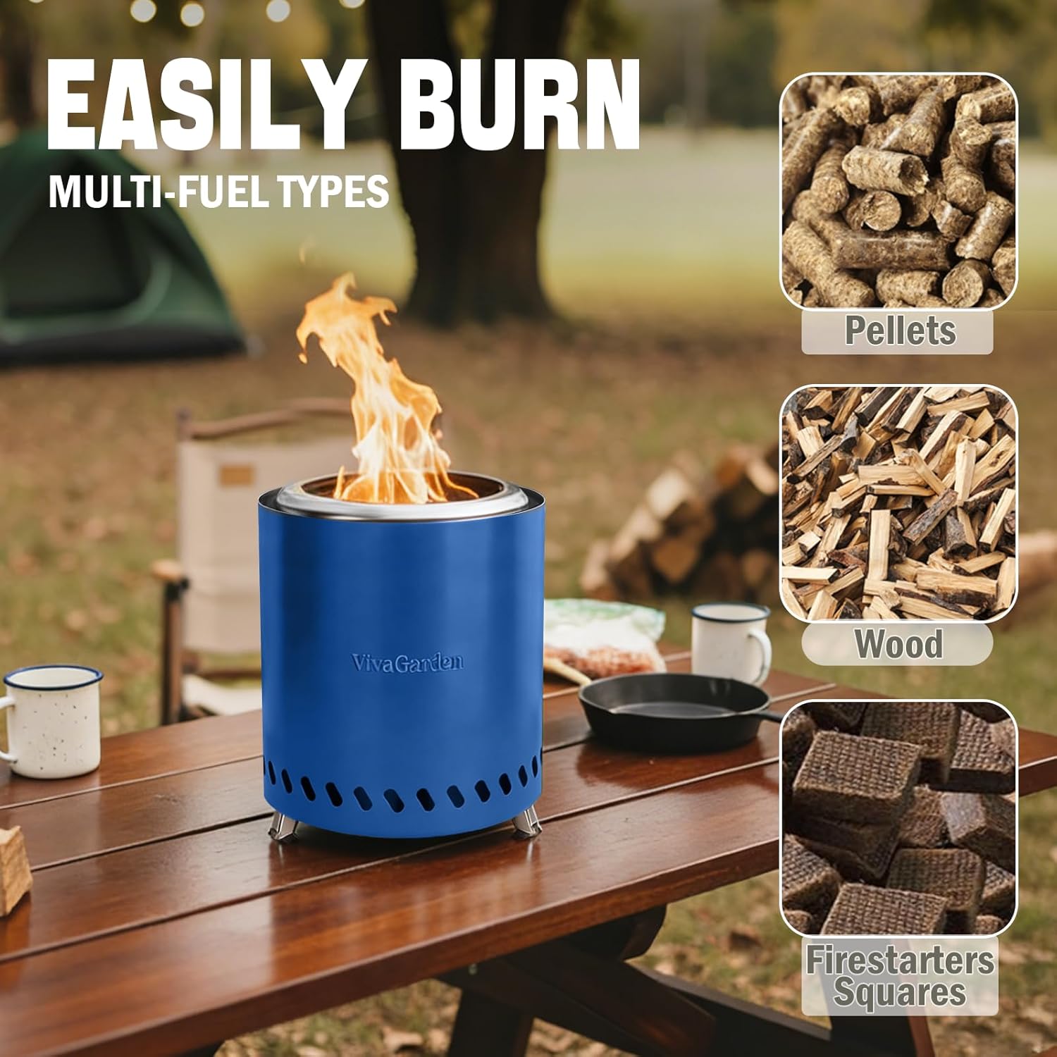 9.5 X 8.6 Inch Tabletop Fire Pit, VivaGarden Portable Firepit, Smokeless Table Top Firepit, Safe Burning Camping Stove, Fueled by Pellets or Wood, Forks, Mat & Travel Bag Included, Blue