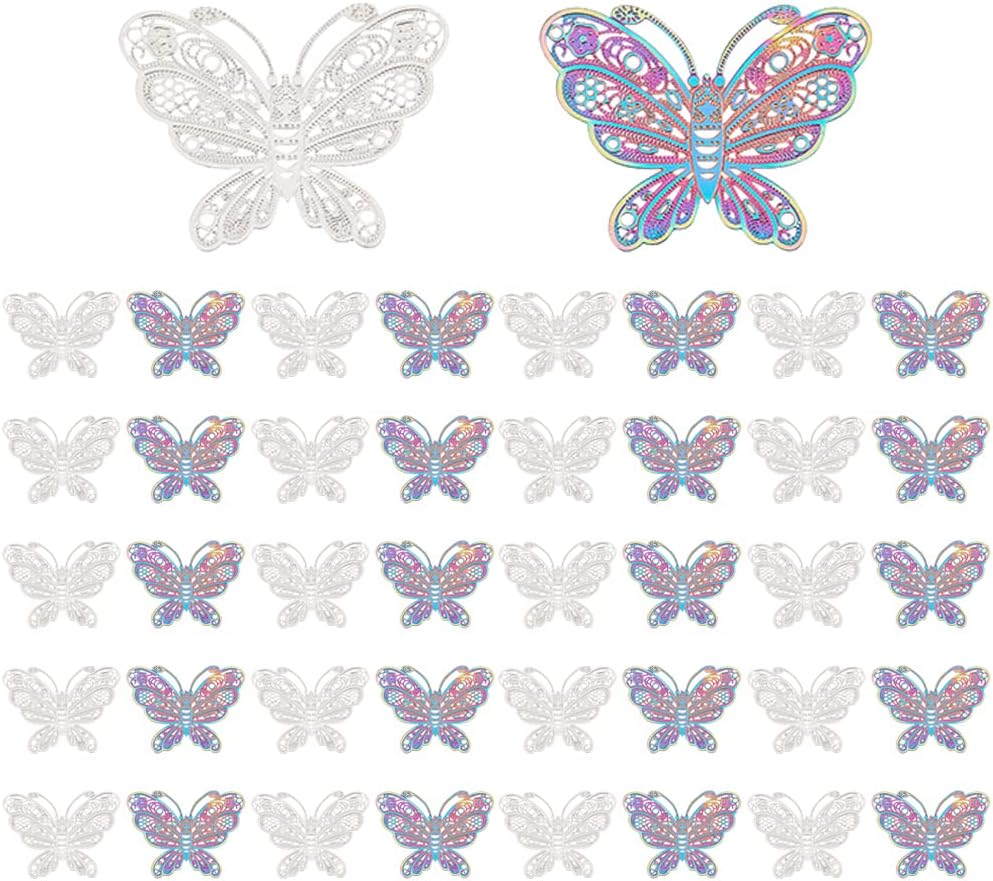 DICOSMETIC 40Pcs 2 Colors Butterfly Connector Charms Filigree Butterfly Connectors Pendants Rainbow Color Etched Metal Embellishments Charms for Jewelry Making, Hole: 0.9mm