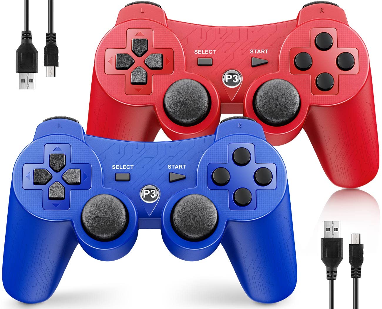 OKHAHA Controller for PS3 Controller Wireless for Sony Playstation 3 Controller, Double Shock 3, Rechargeable, Motion Sensor, Remote for PS3, 2 USB Charging Cords, 2 Pack, Stripes, Blue + Red