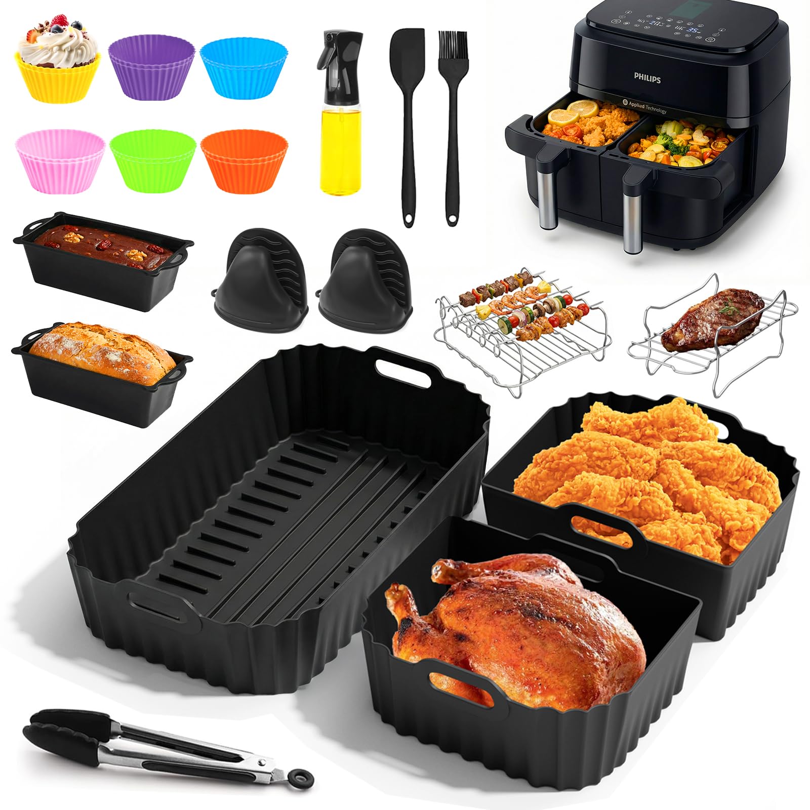 28 Pezzi Teglie Silicone per Friggitrice ad Aria per Philips Air Fryer Serie 1000 Flexi 7.1L, Riutilizzabile Contenitori Friggitrice ad Aria Accessori per Philips Airfryer Flexi NA154/00